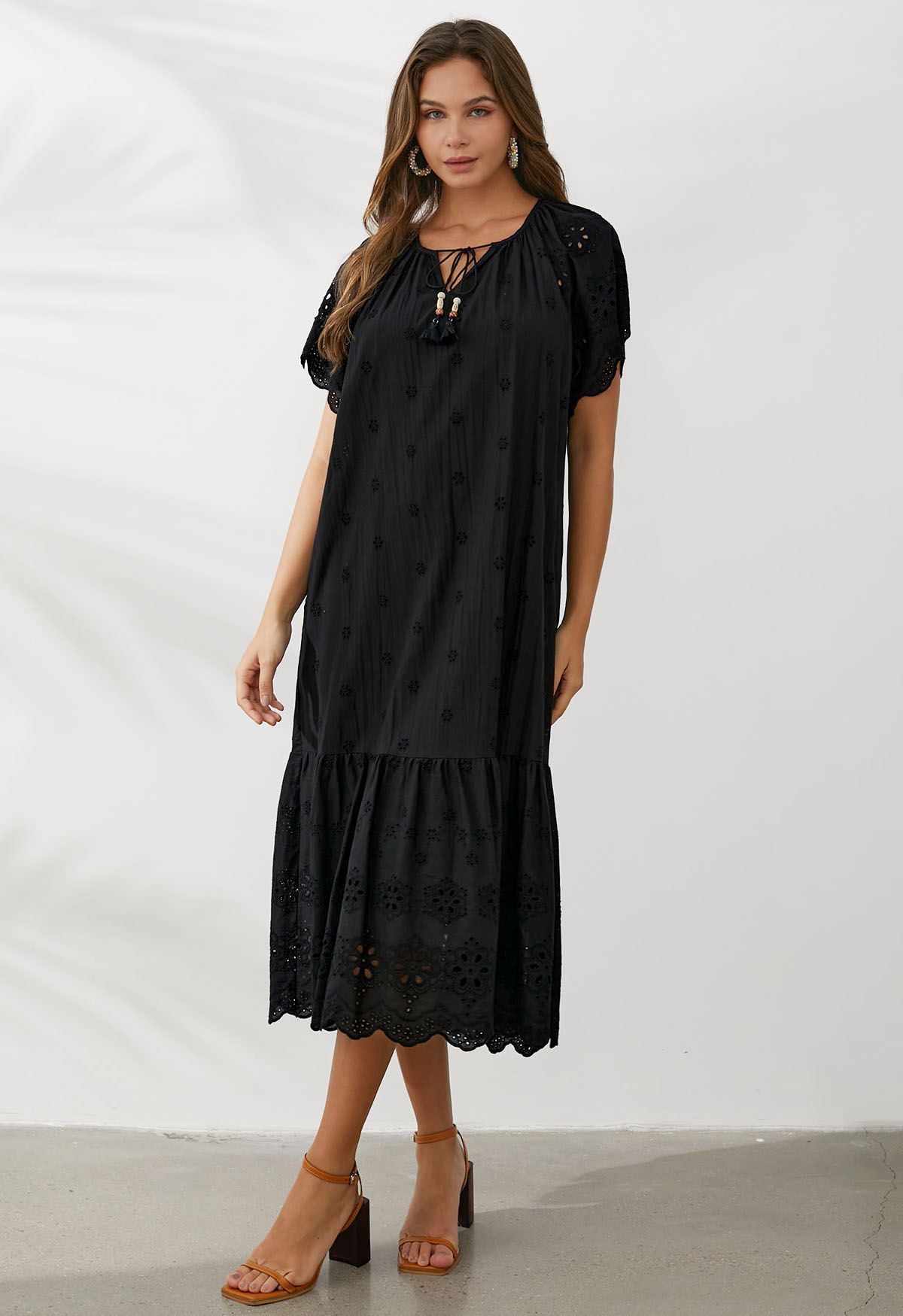 V-Neck Floral Embroidery Eyelet Dolly Dress in Black