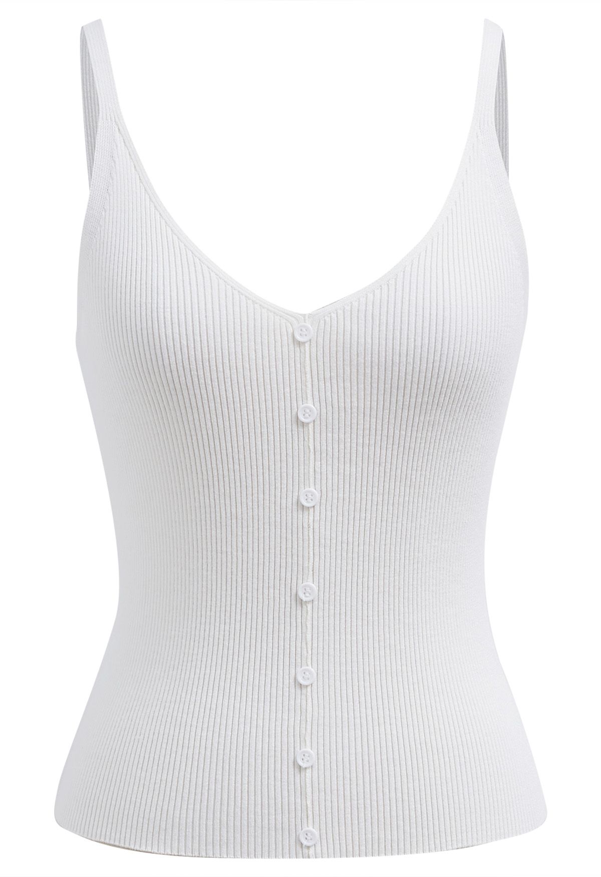 Button Decorated Ribbed Knit Tank Top in White