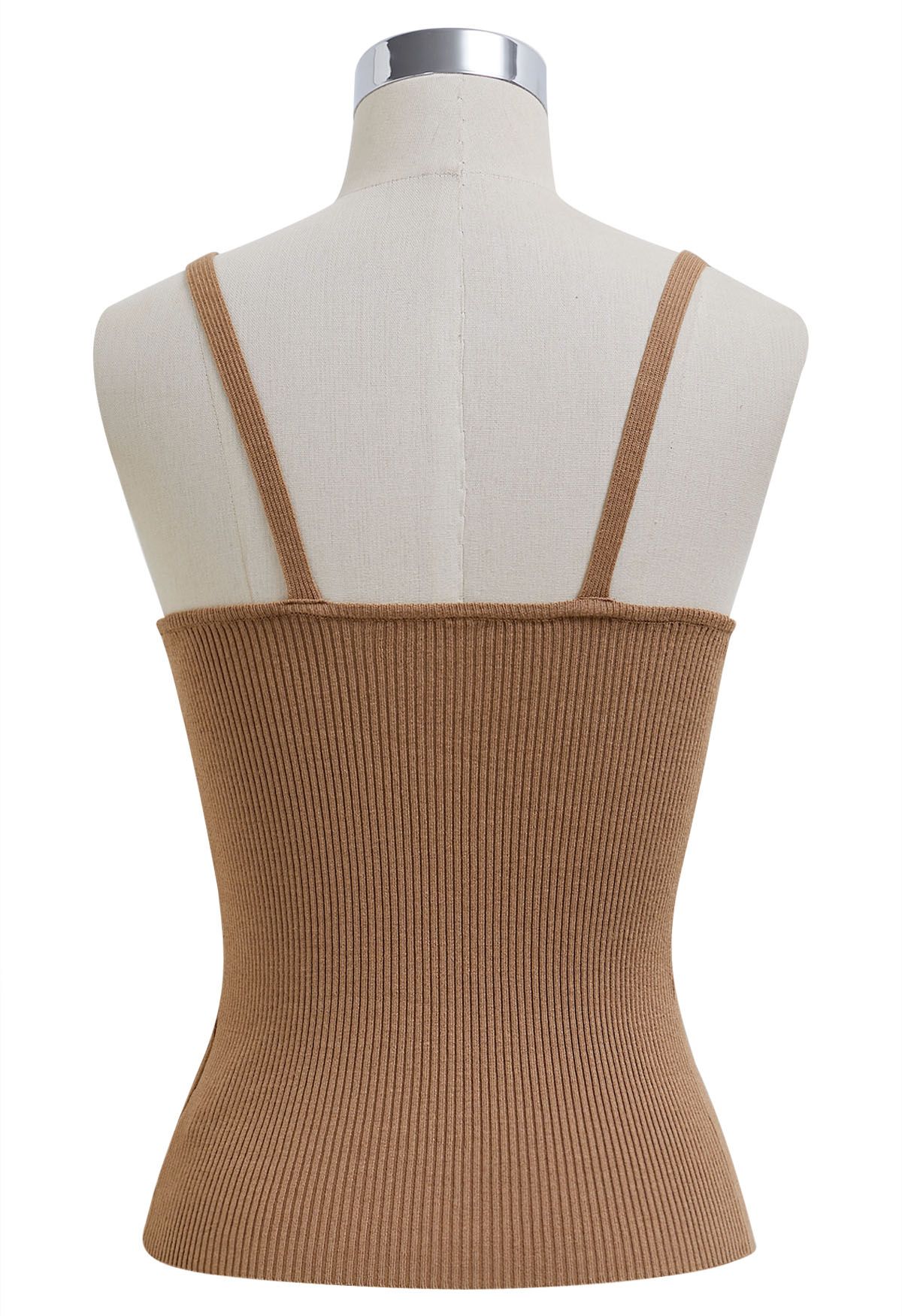 Button Decorated Ribbed Knit Tank Top in Tan