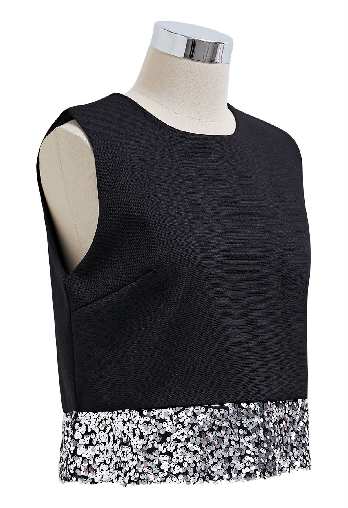 Sequined Hem Sleeveless Tweed Crop Top in Black