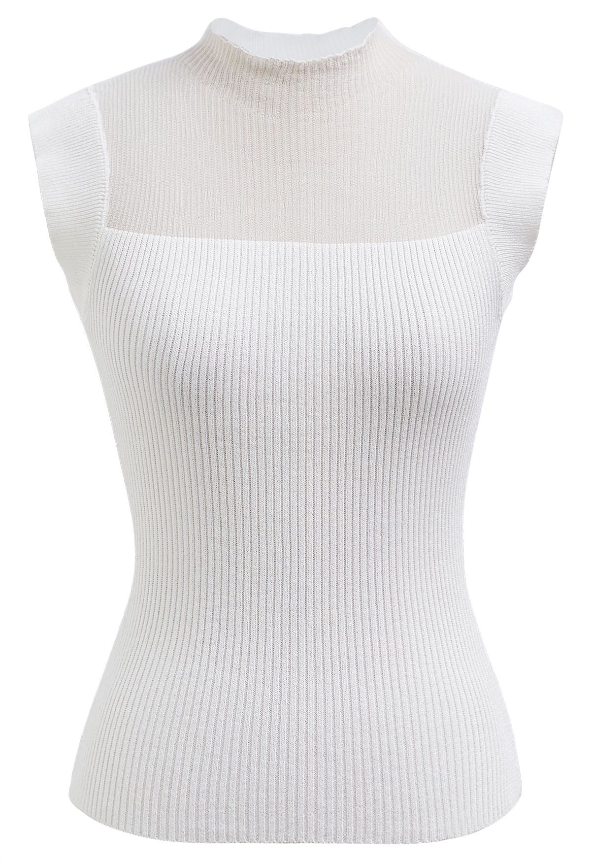 Cutout Mesh Mock Neck Metallic Knit Top in White