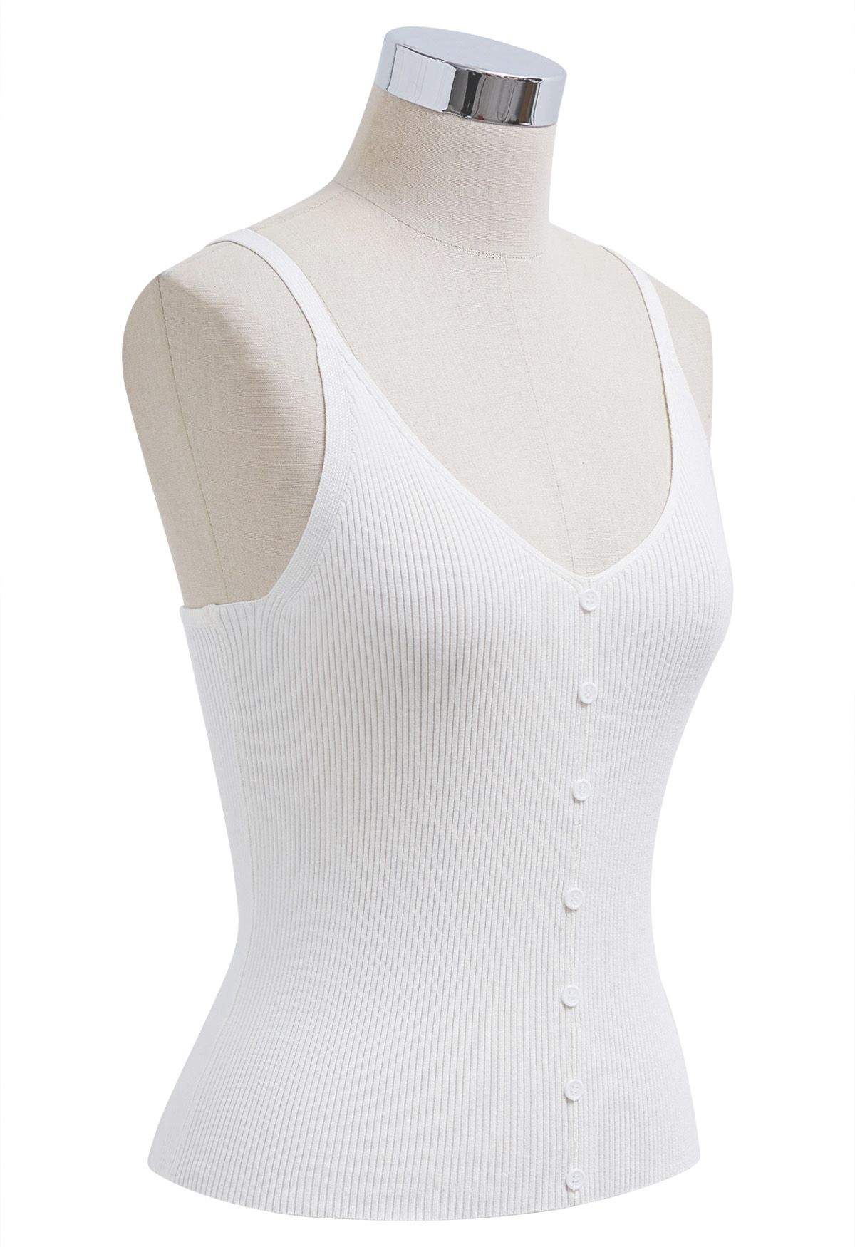 Button Decorated Ribbed Knit Tank Top in White