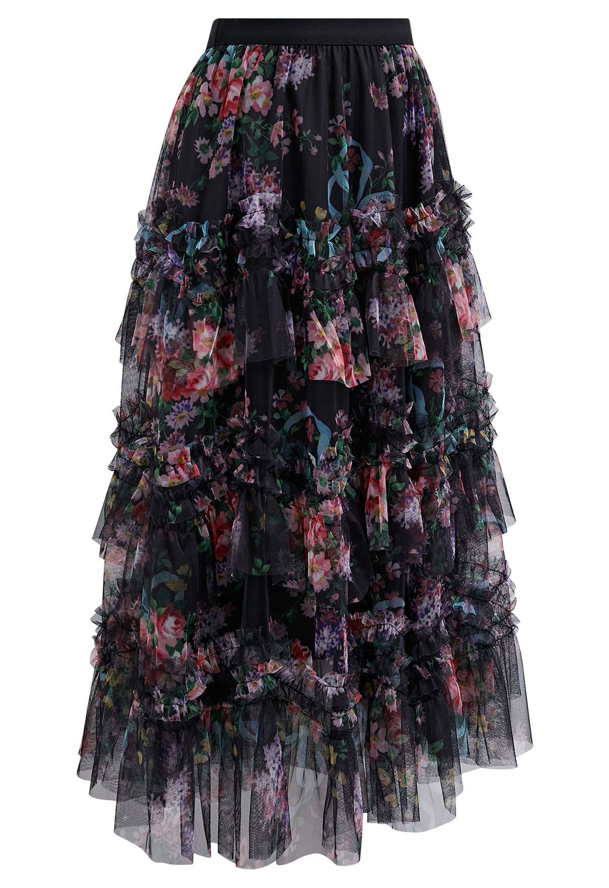 Fairy Dream Floral Ruffle Mesh Midi Skirt in Black