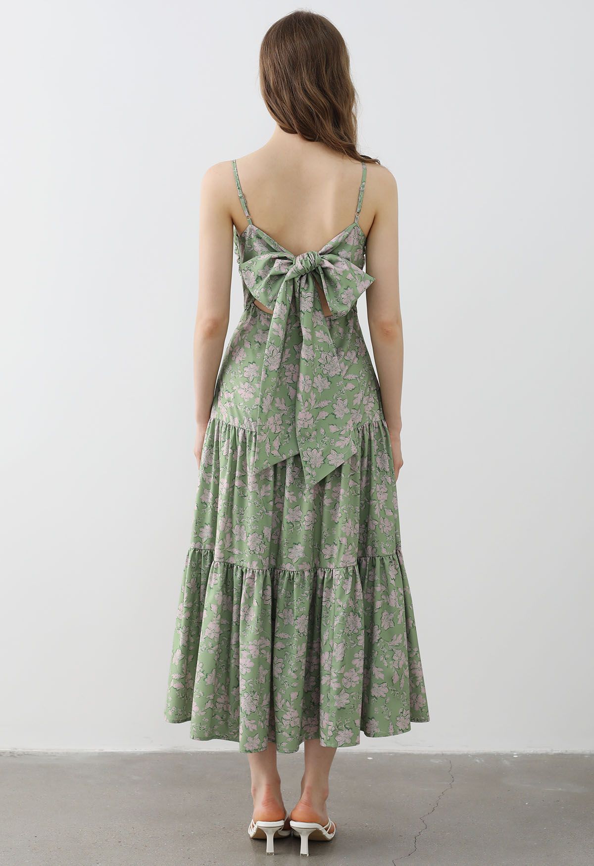 Bowknot Back Floral Print Cami Dress in Green