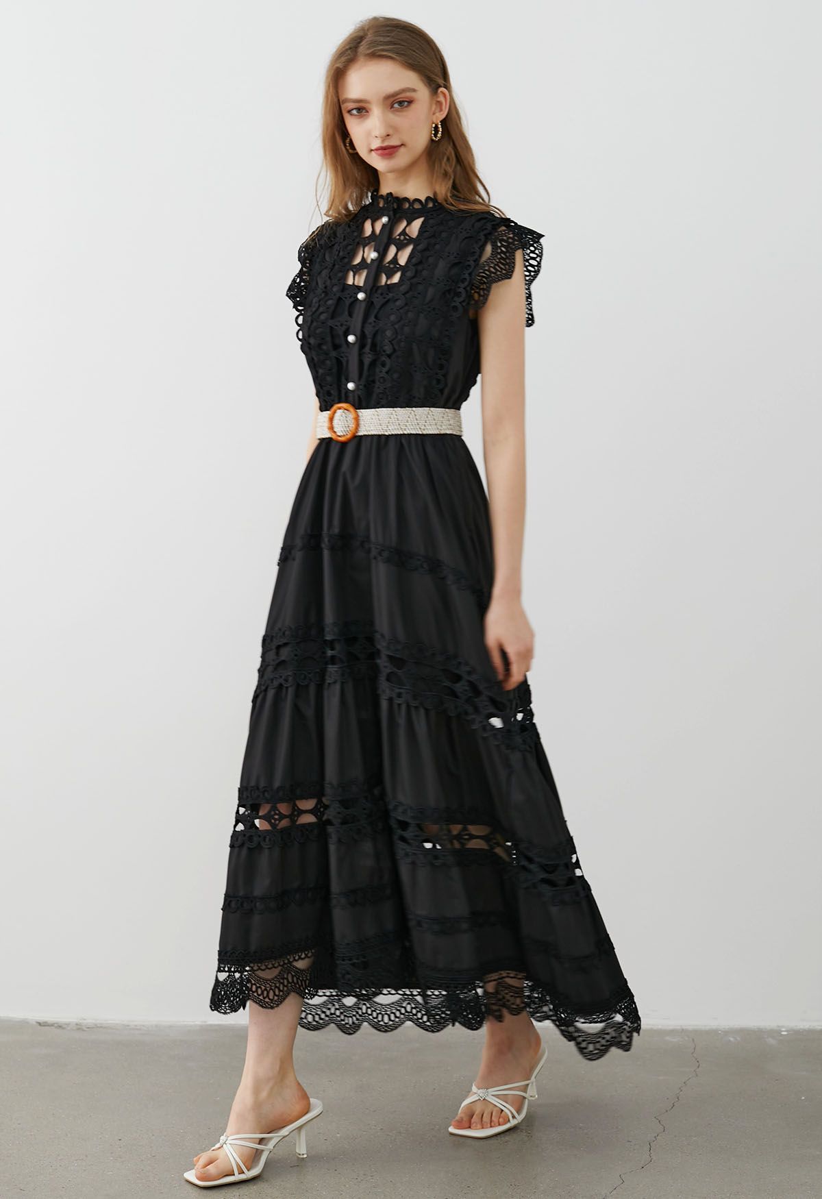 Belted Cutwork Pearly Sleeveless Maxi Dress in Black