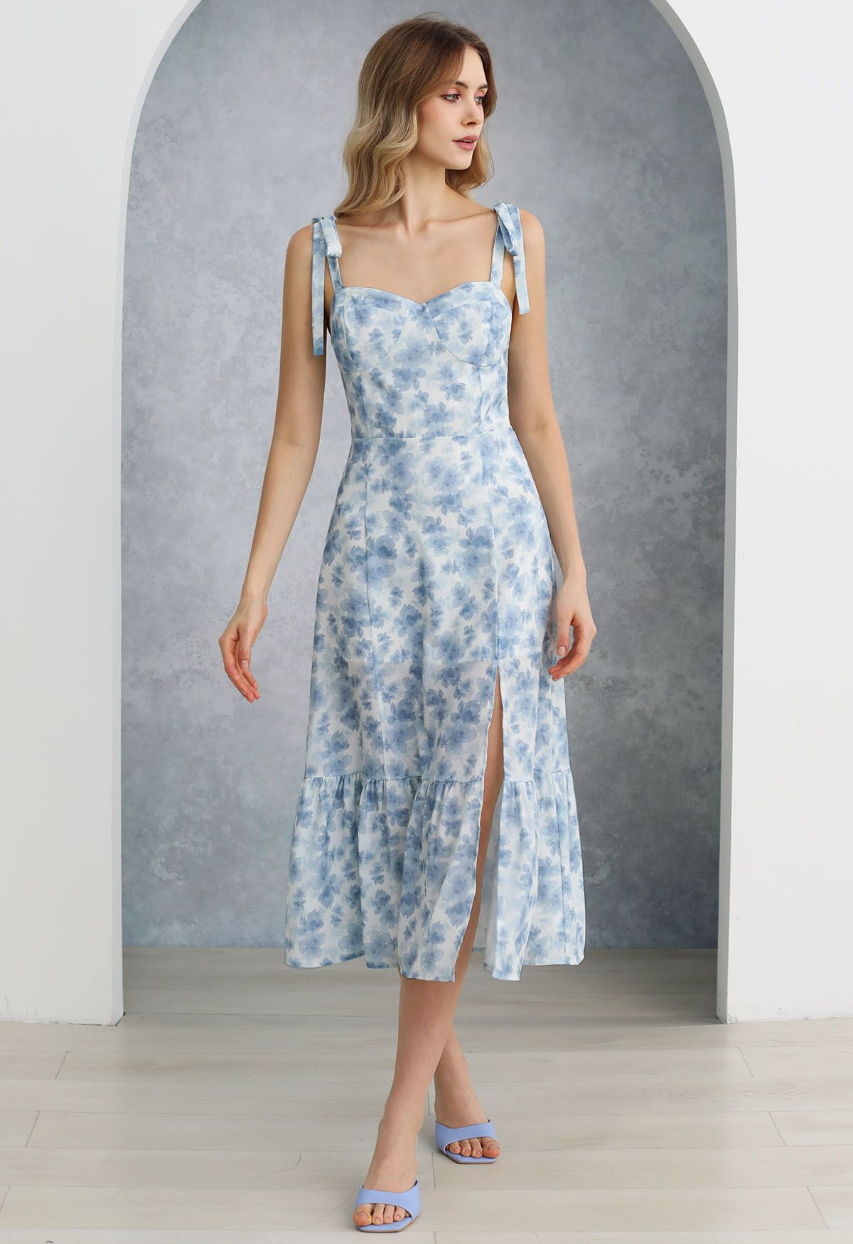 Floral Tie-Shoulder Split Midi Dress in Blue