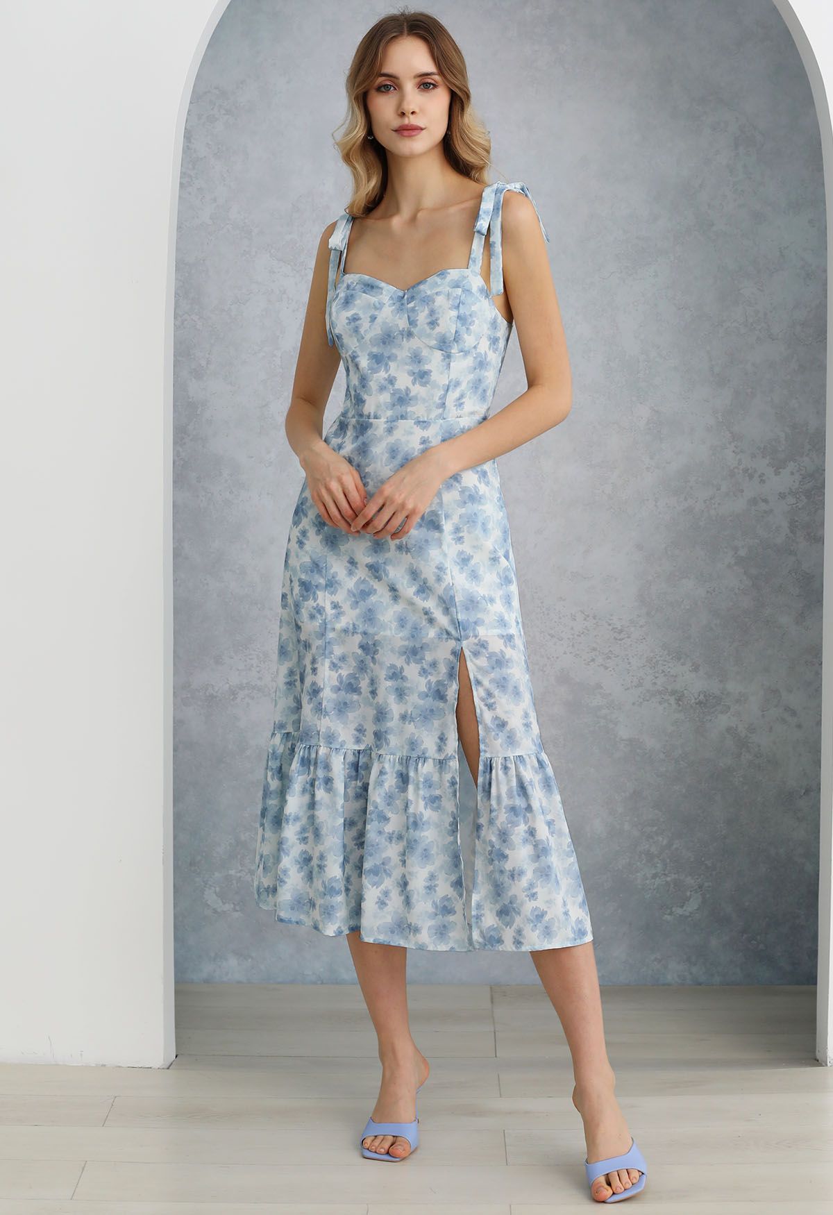 Floral Tie-Shoulder Split Midi Dress in Blue