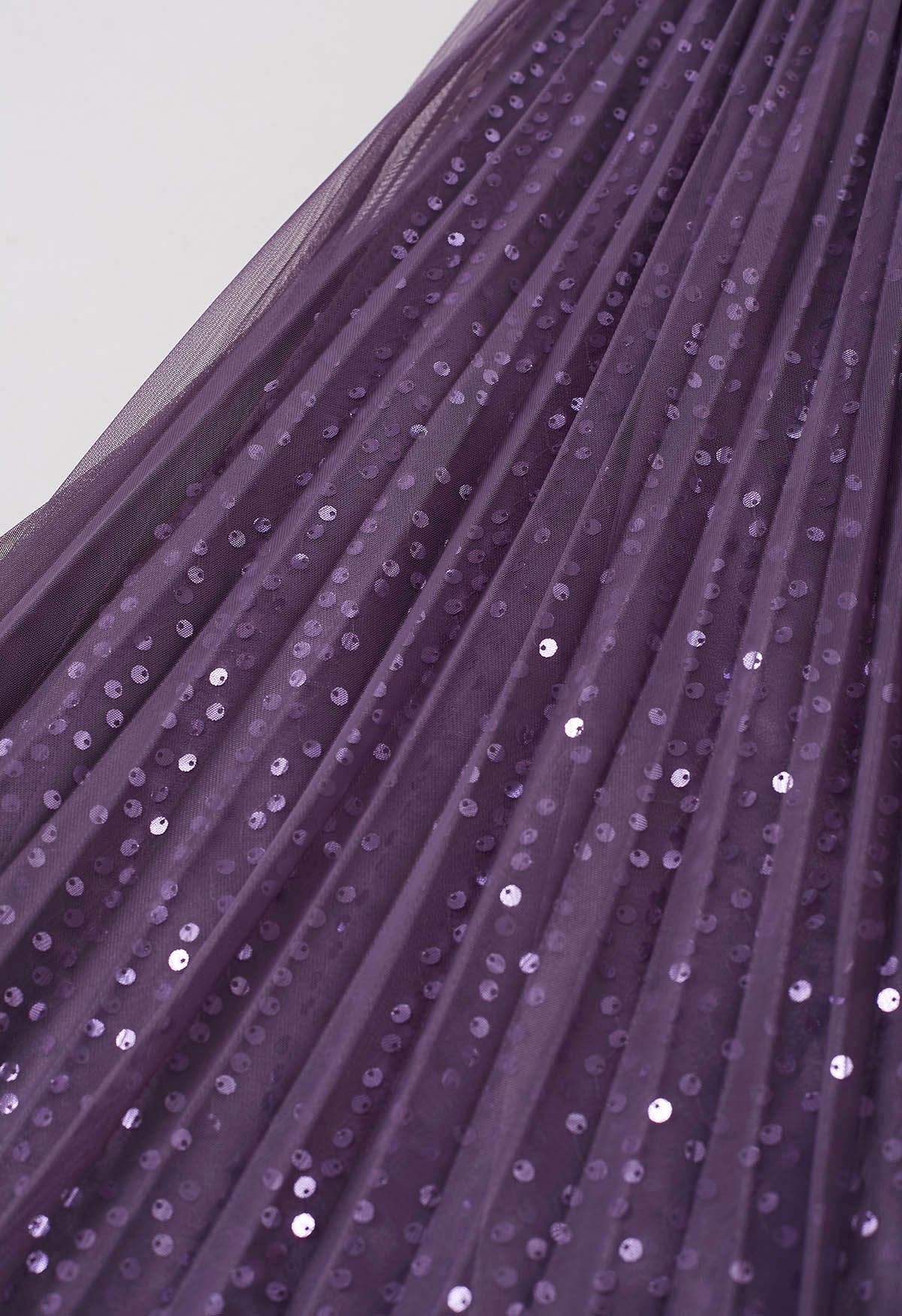 Glister Sequin Trim Mesh Tulle Maxi Skirt in Purple