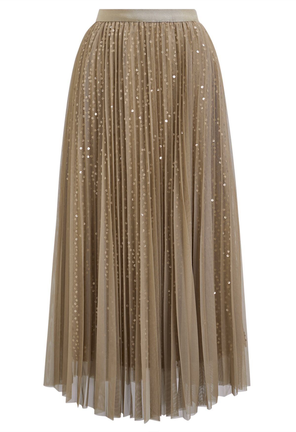 Glister Sequin Trim Mesh Tulle Maxi Skirt in Tan