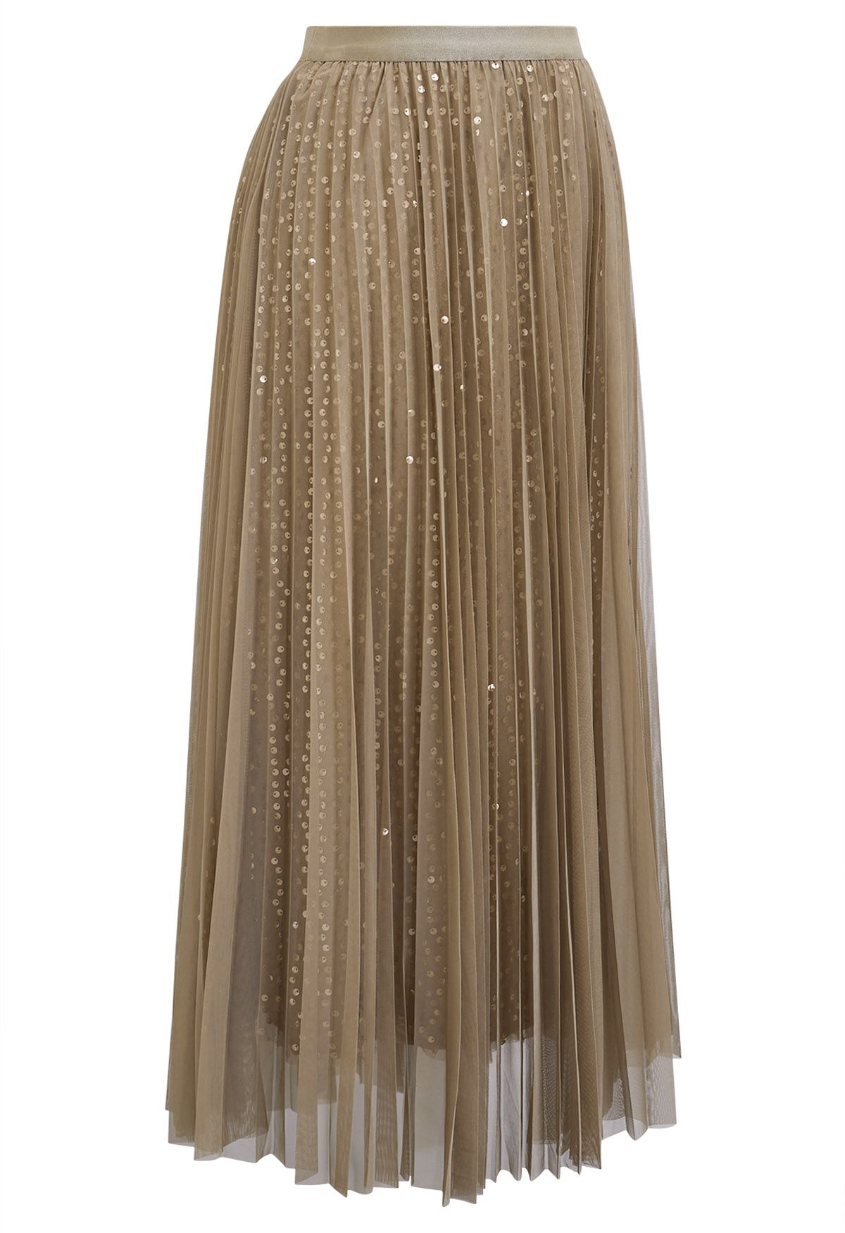 Glister Sequin Trim Mesh Tulle Maxi Skirt in Tan