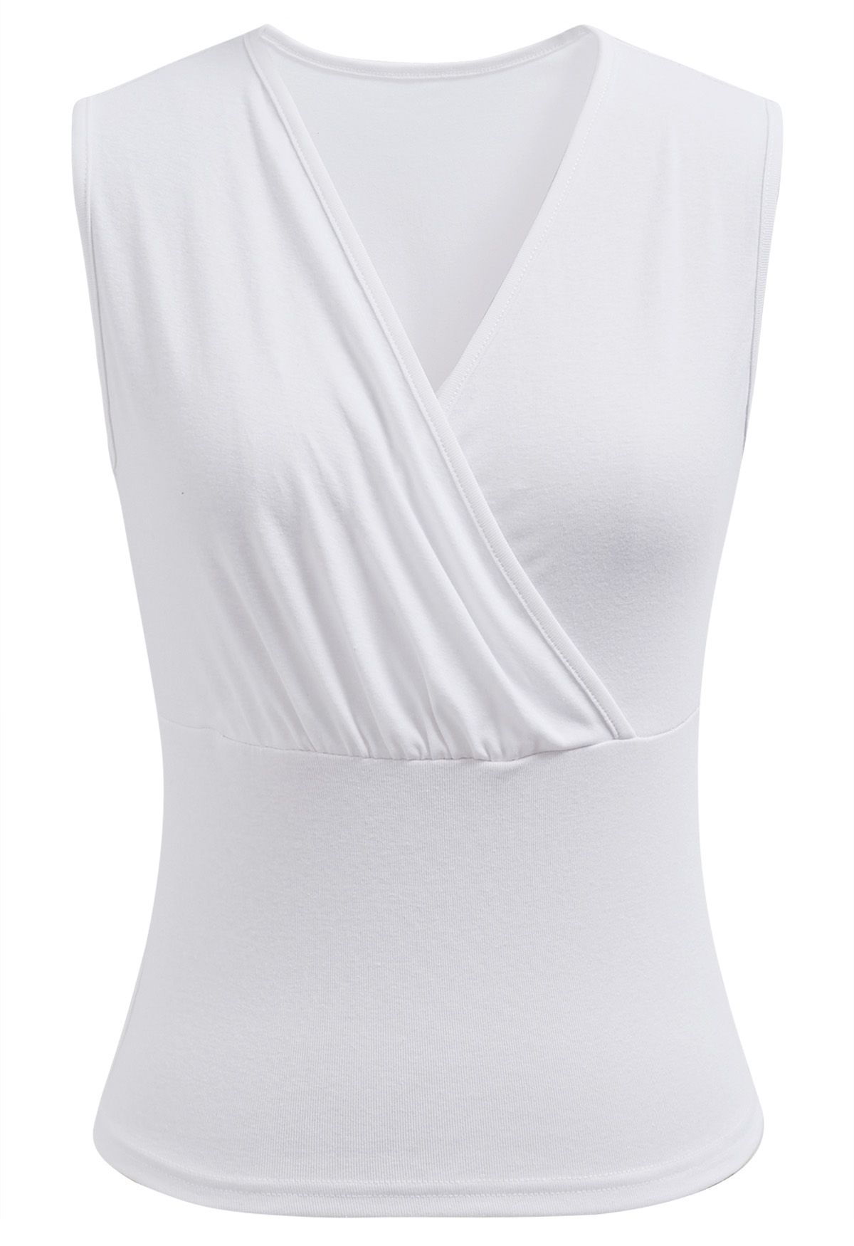 Faux-Wrap Sleeveless Cotton Top in White