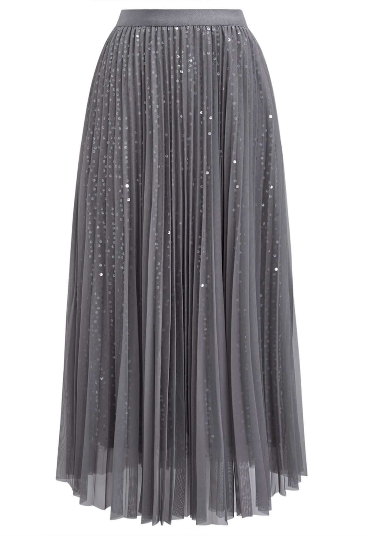 Glister Sequin Trim Mesh Tulle Maxi Skirt in Grey