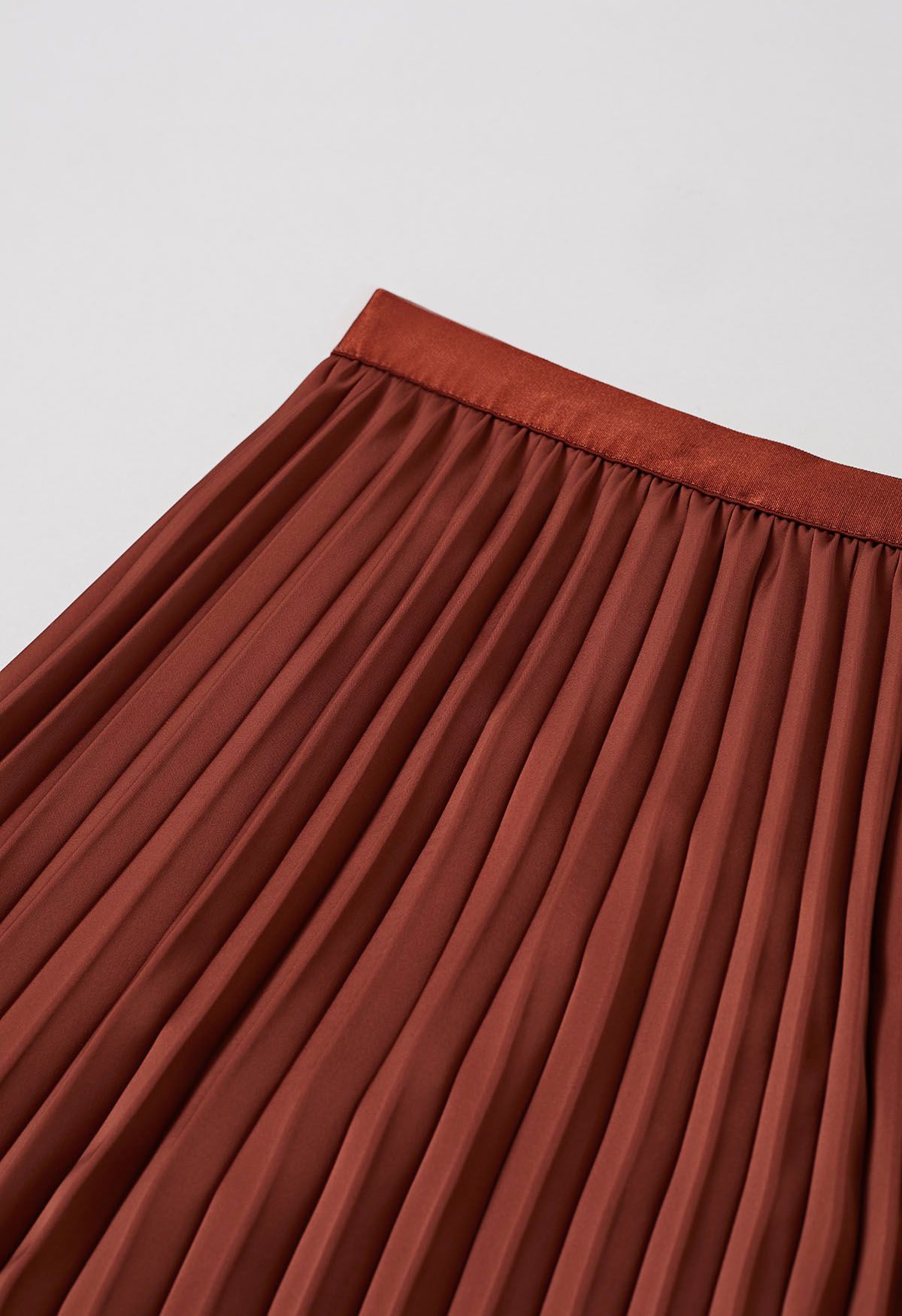 Smooth Satin Pleated Midi Skirt in Rust Red