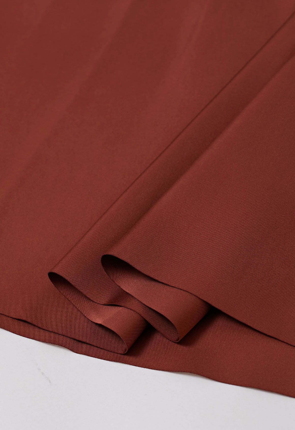 Smooth Satin Pleated Midi Skirt in Rust Red