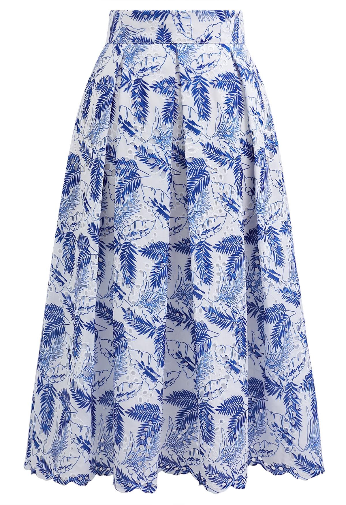 Leaf Embroidered Eyelet Pleated Midi Skirt in Blue