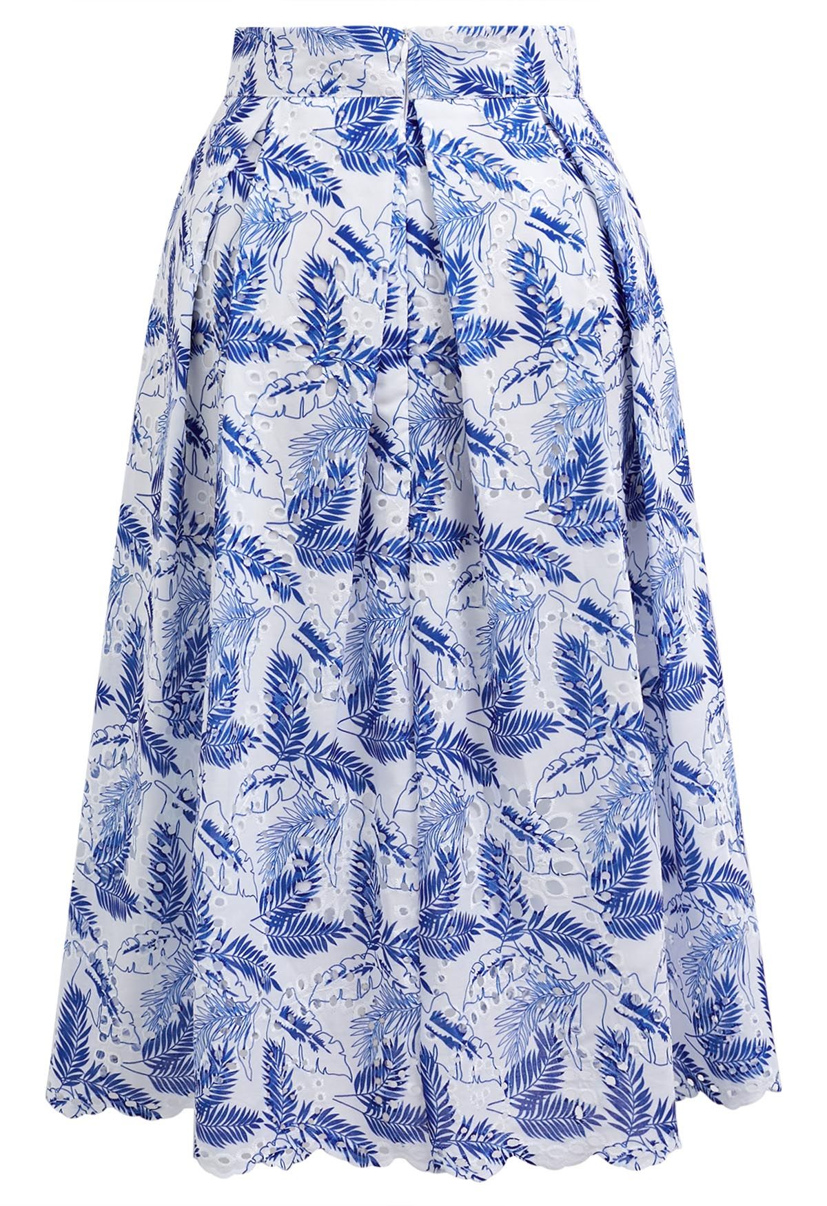 Leaf Embroidered Eyelet Pleated Midi Skirt in Blue