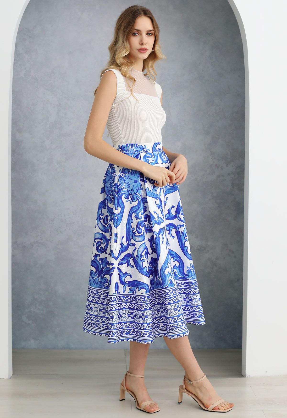 Blue Tile Jacquard Pleated A-Line Midi Skirt