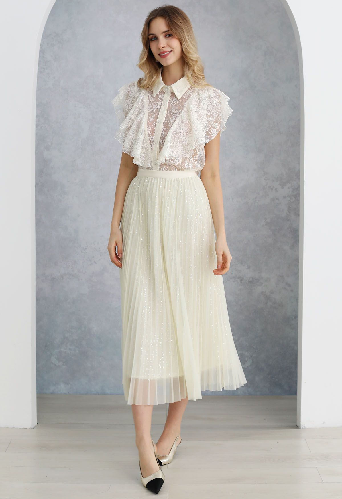 Glister Sequin Trim Mesh Tulle Maxi Skirt in Cream