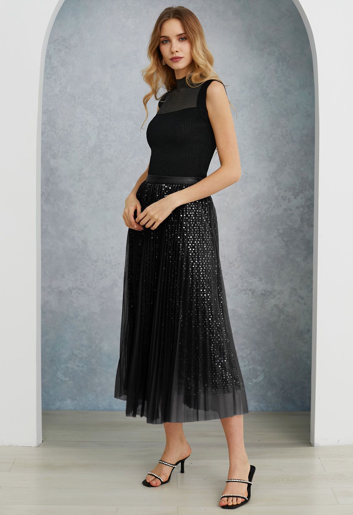 Glister Sequin Trim Mesh Tulle Maxi Skirt in Black