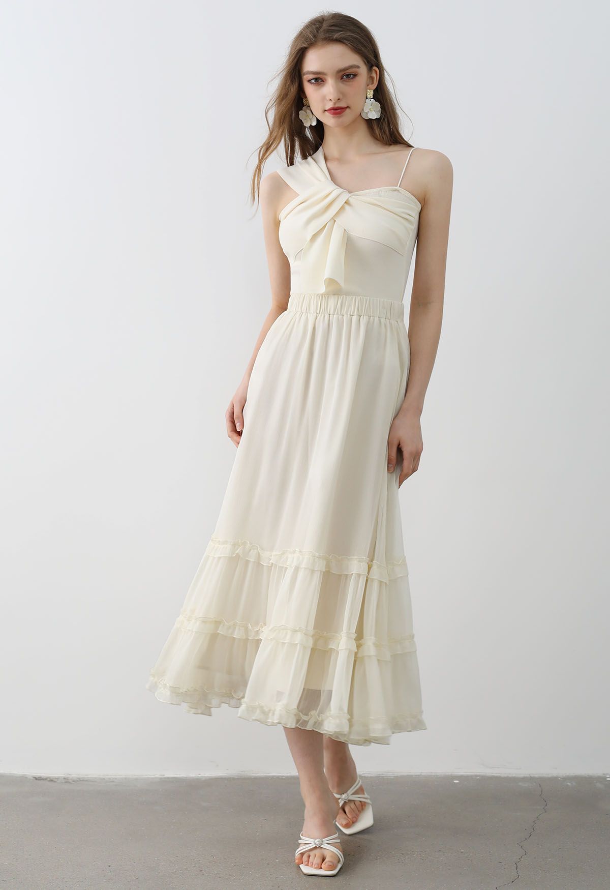 Swirling Ruffle Trim Maxi Skirt in Cream