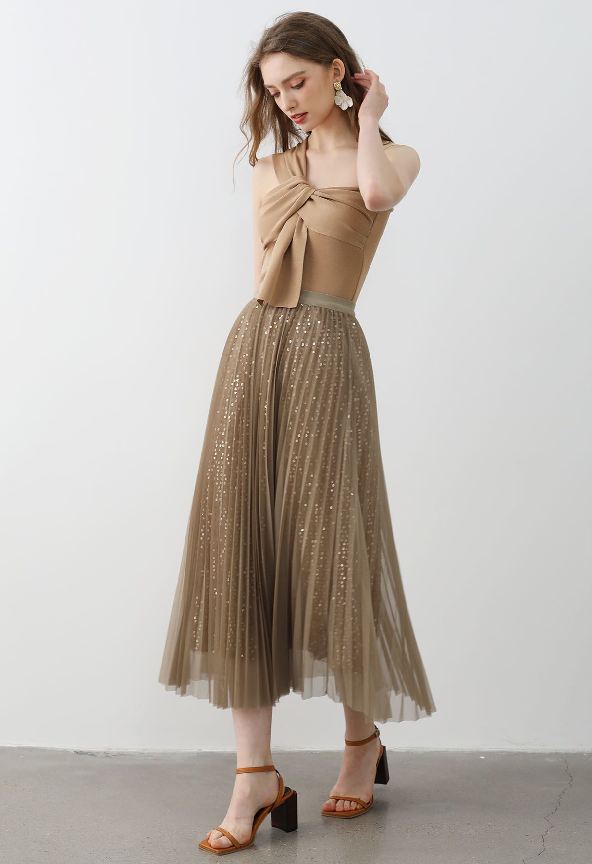 Glister Sequin Trim Mesh Tulle Maxi Skirt in Tan