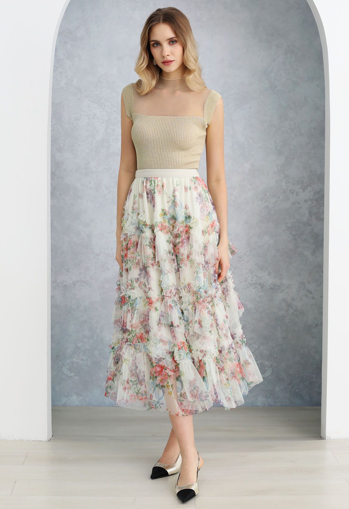 Fairy Dream Floral Ruffle Mesh Midi Skirt in White