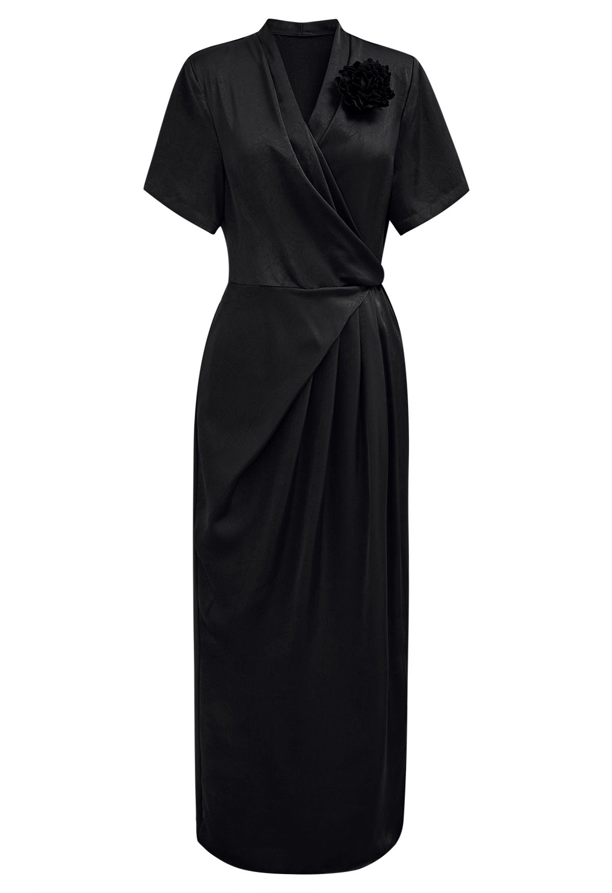 Floral Brooch Textured Satin Dress in Black