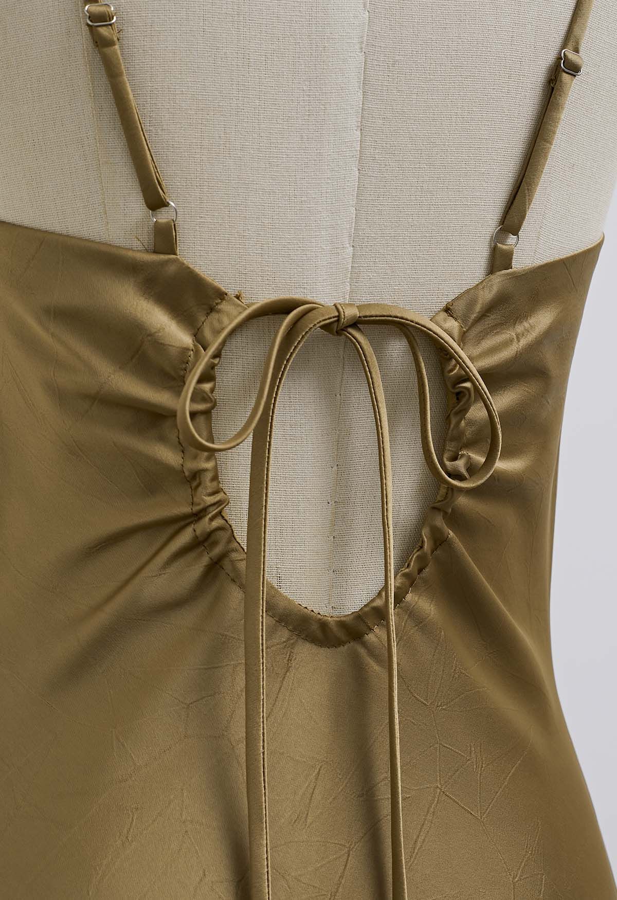 Drawstring Tie Open-Back Satin Cami Dress in Gold