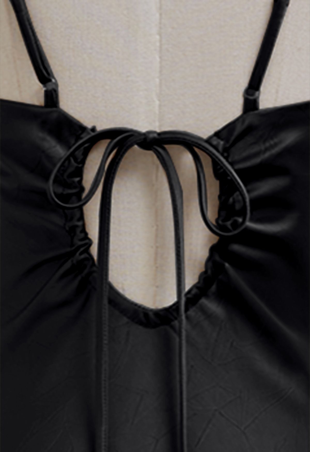Drawstring Tie Open-Back Satin Cami Dress in Black