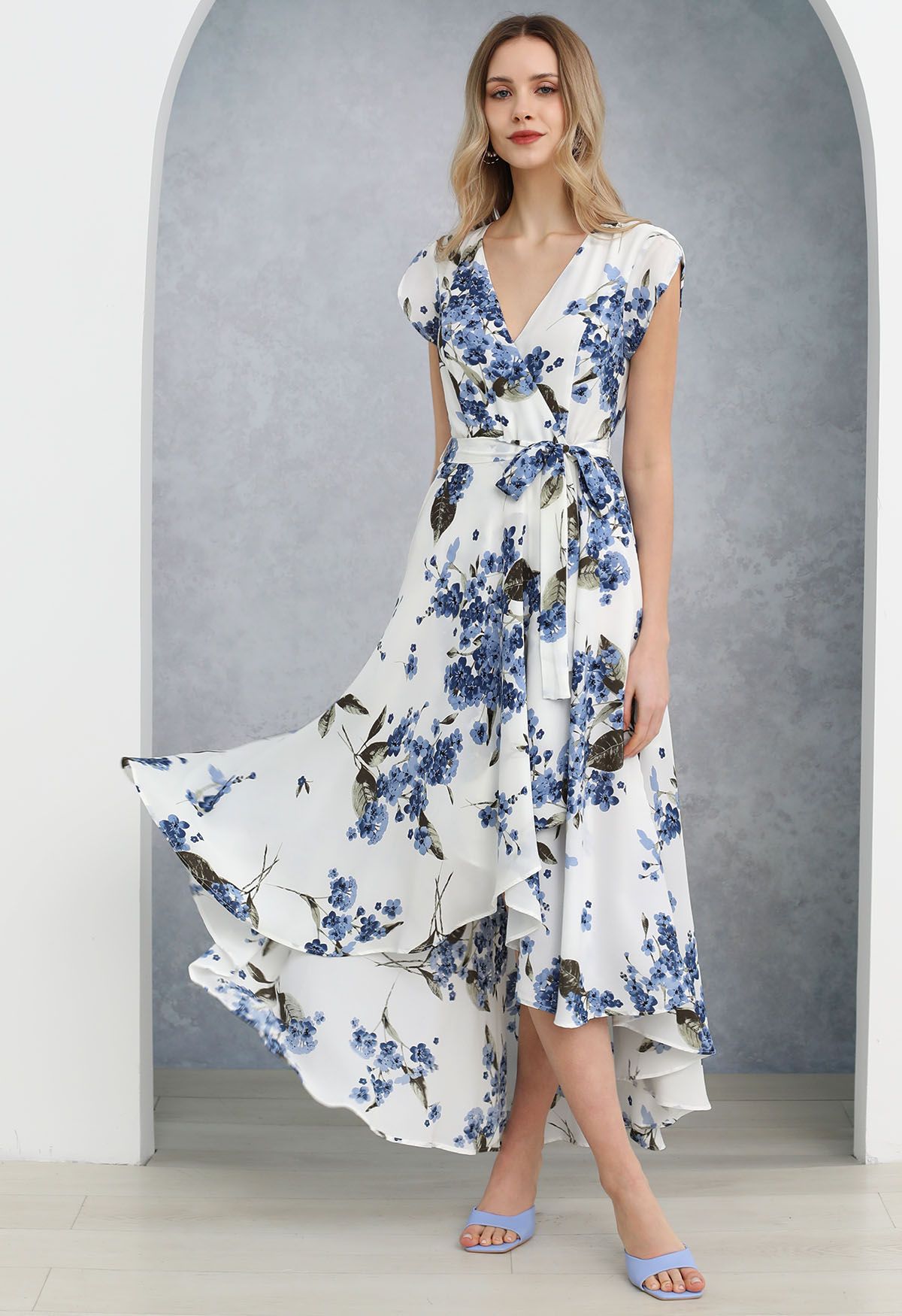 Floral Asymmetric Hem Chiffon Wrap Maxi Dress