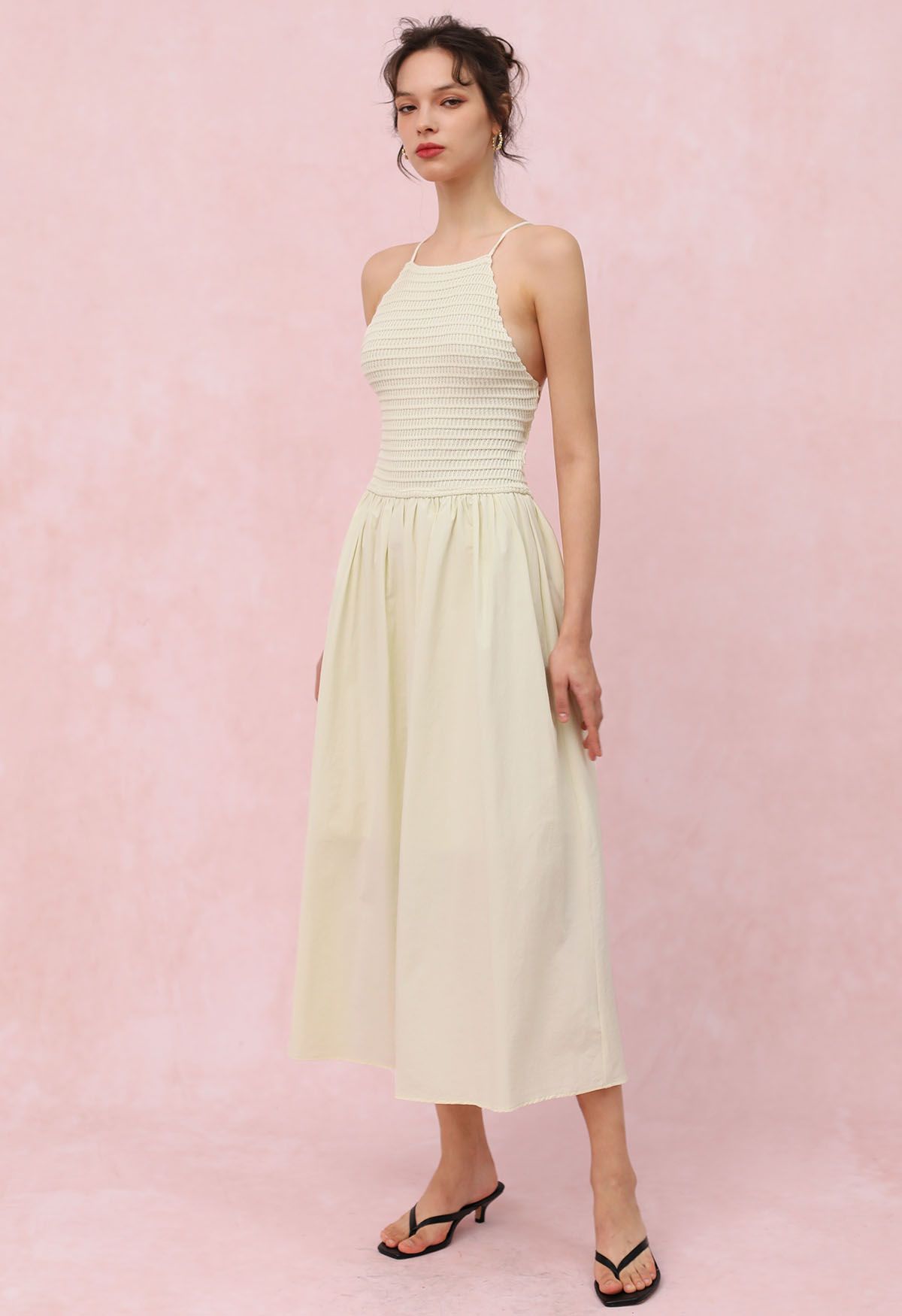 Lace-Up Back Knit Spliced Dress in Cream