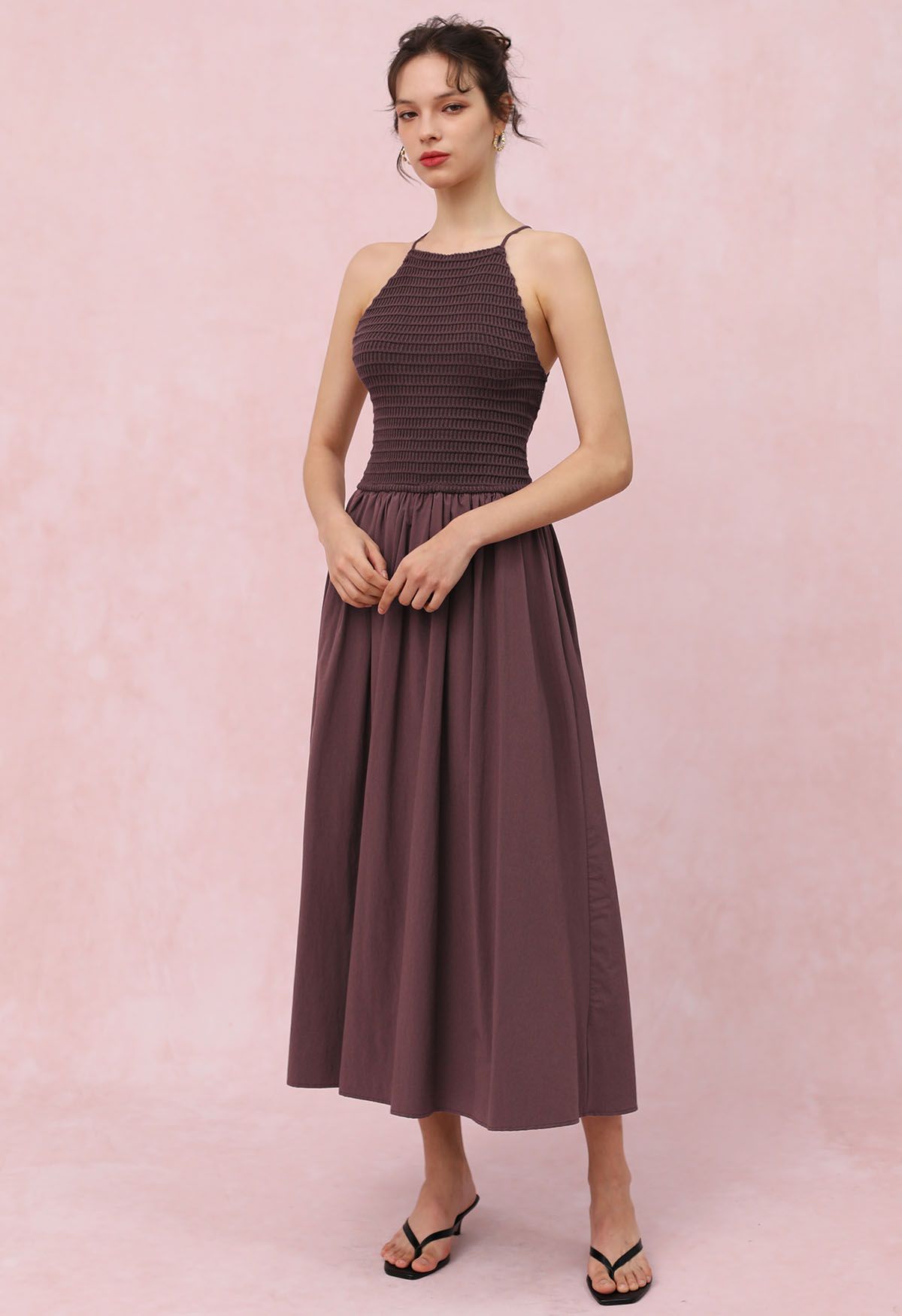 Lace-Up Back Knit Spliced Dress in Brown