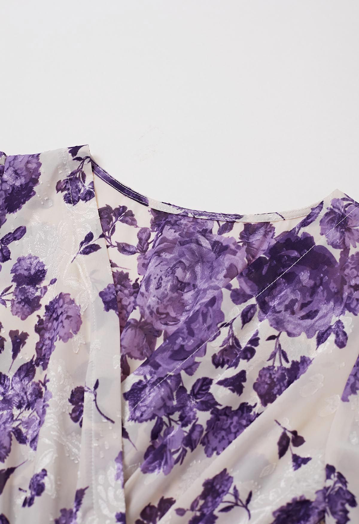 Purple Floral Jacquard Frilling Wrapped Dress