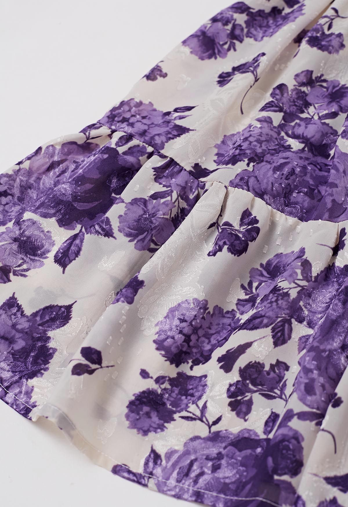 Purple Floral Jacquard Frilling Wrapped Dress