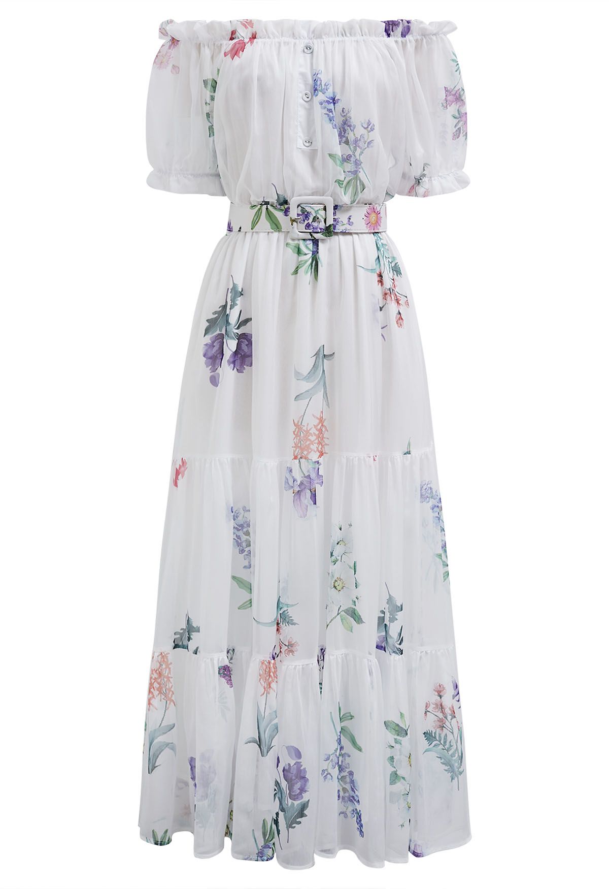 Botanical Printed Off-Shoulder Chiffon Dress