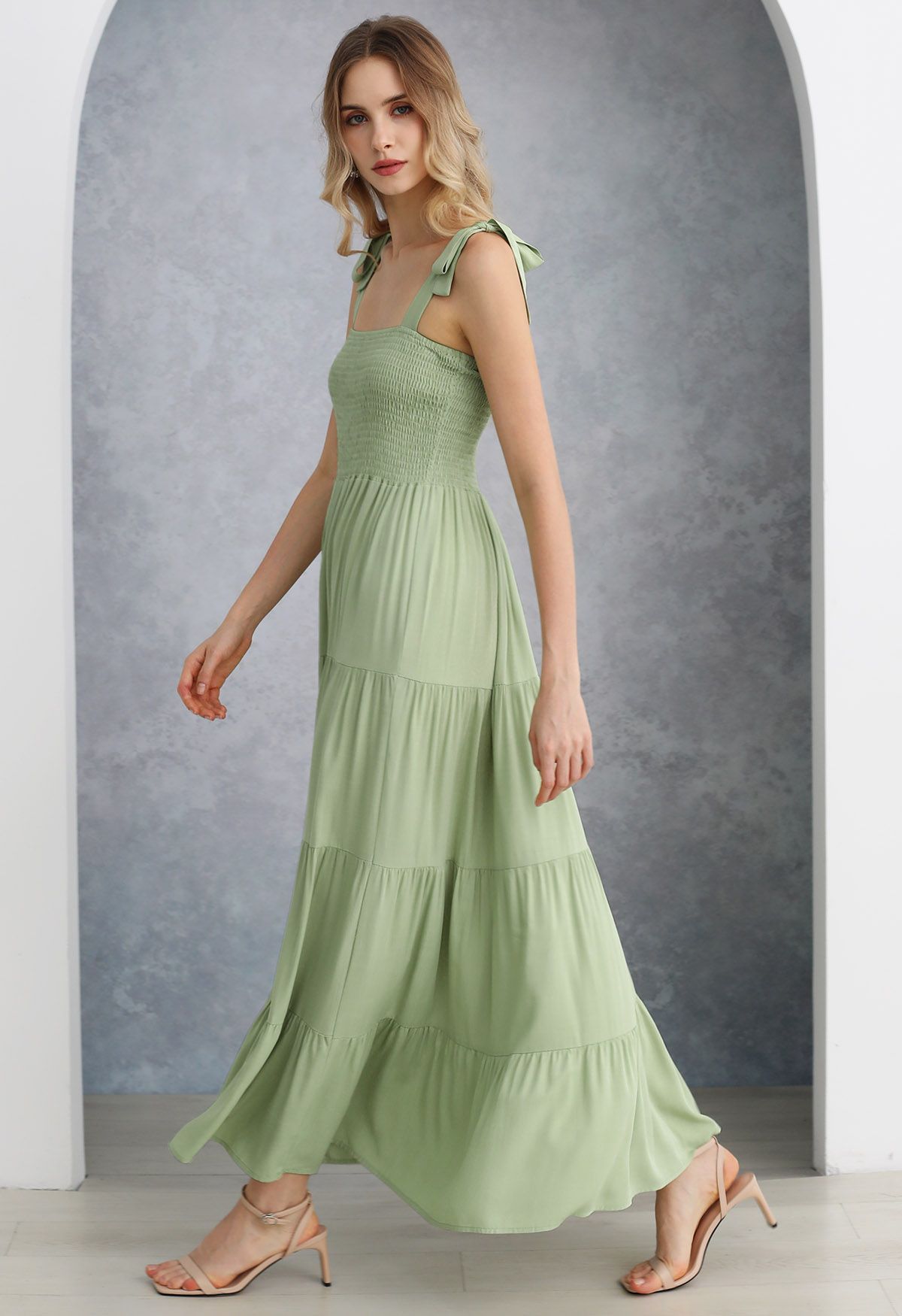 Fluttering Tie-Shoulder Shirred Maxi Dress in Pistachio