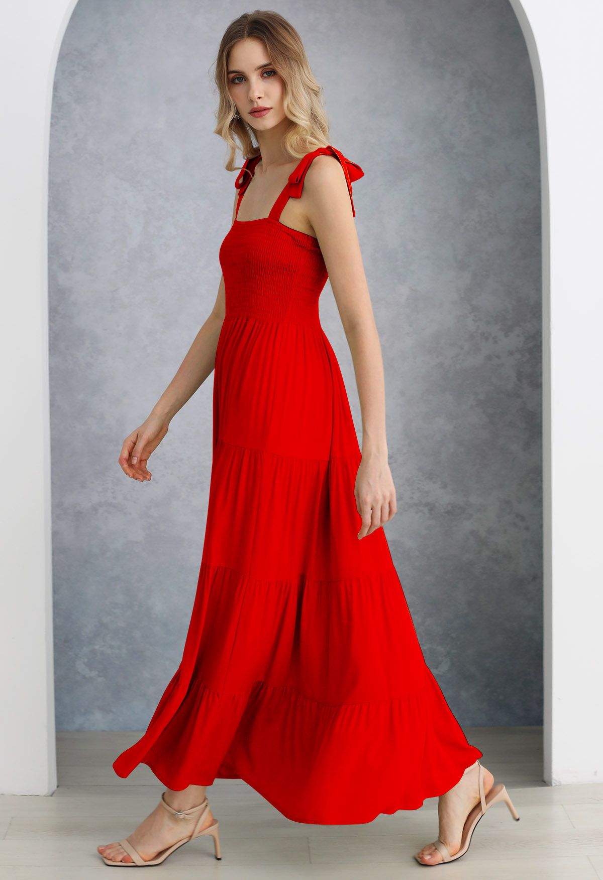 Fluttering Tie-Shoulder Shirred Maxi Dress in Red