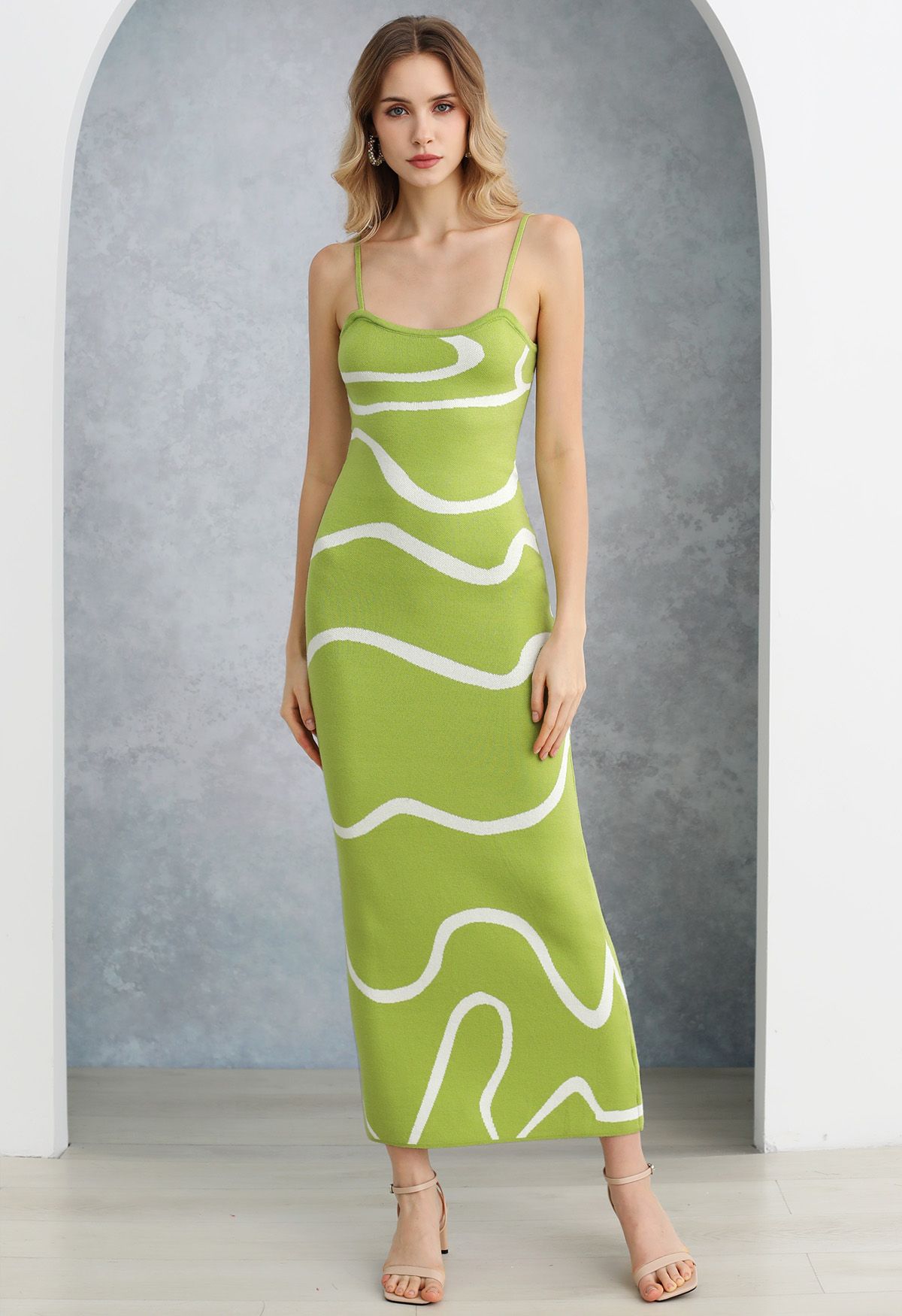 Wavy Print Knit Cami Dress in Green