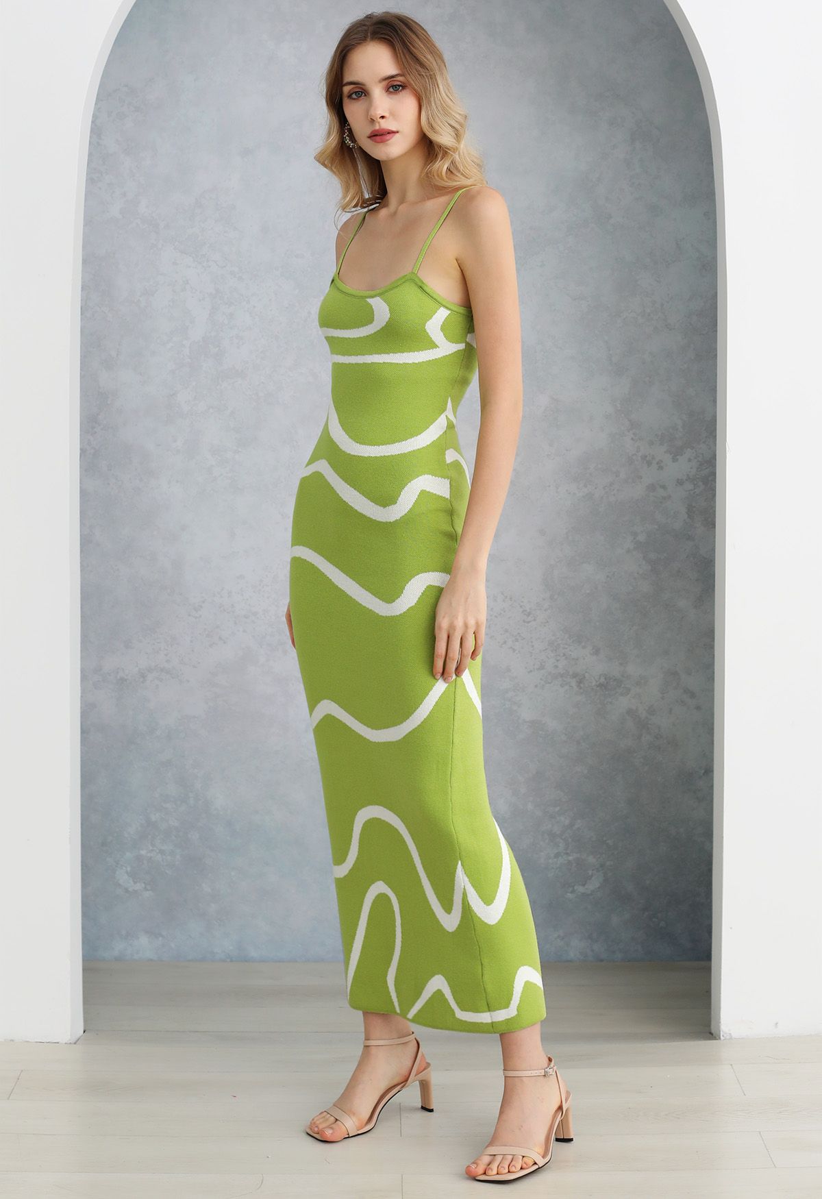 Wavy Print Knit Cami Dress in Green
