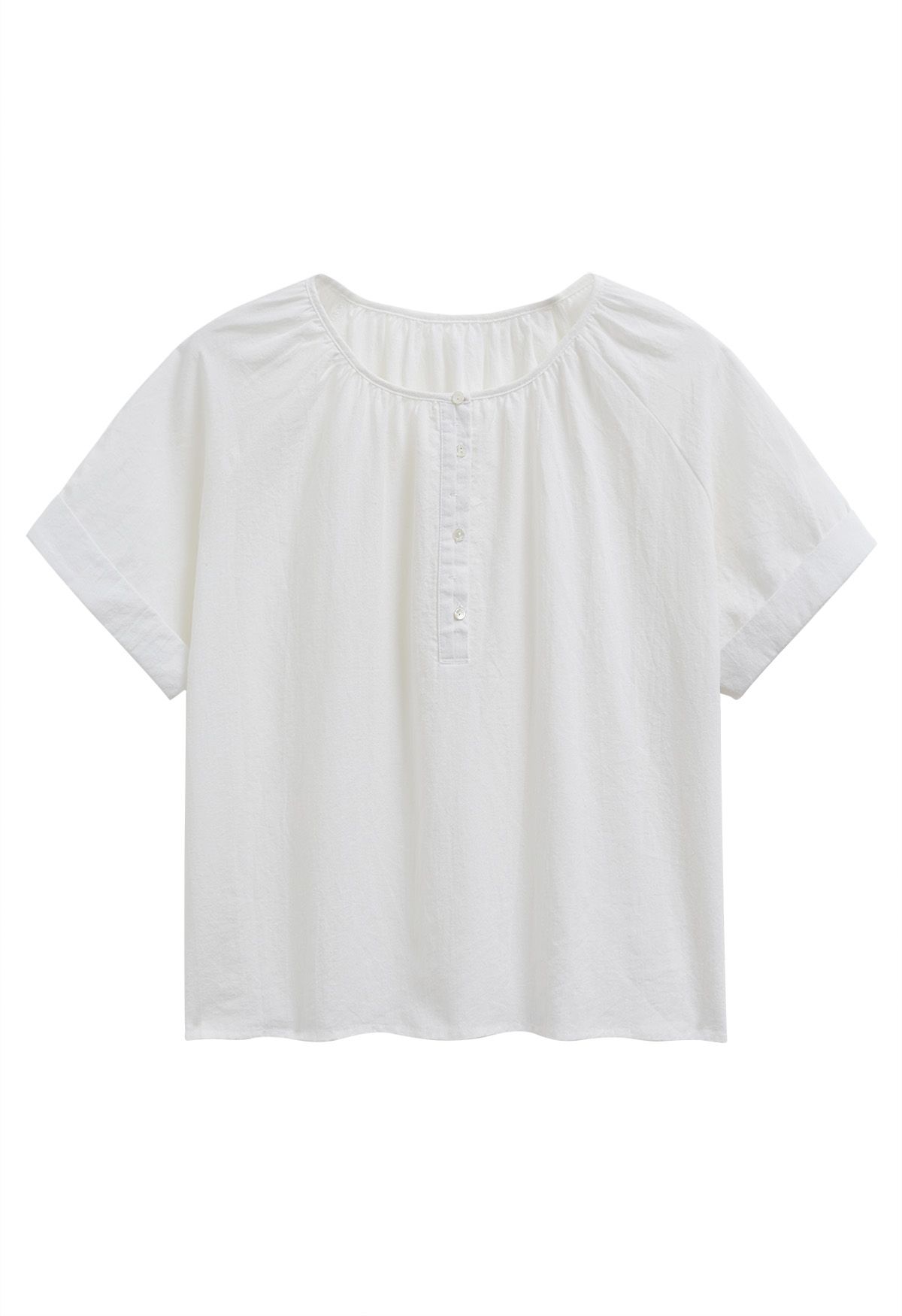 Buttoned Front Roll-Cuff Dolly Top in White