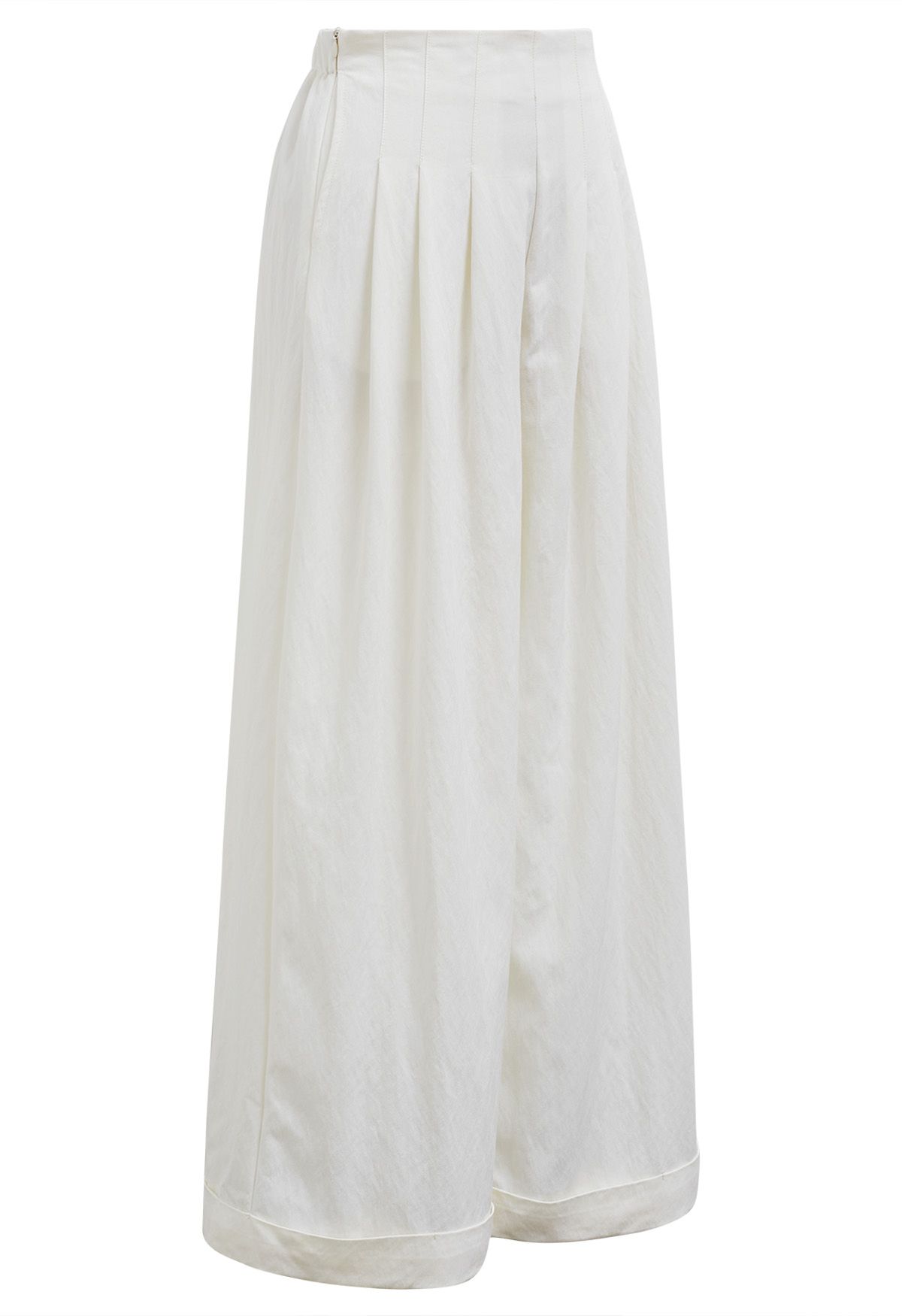 Wide Leg Roll-Hem Pleated Pants in Ivory