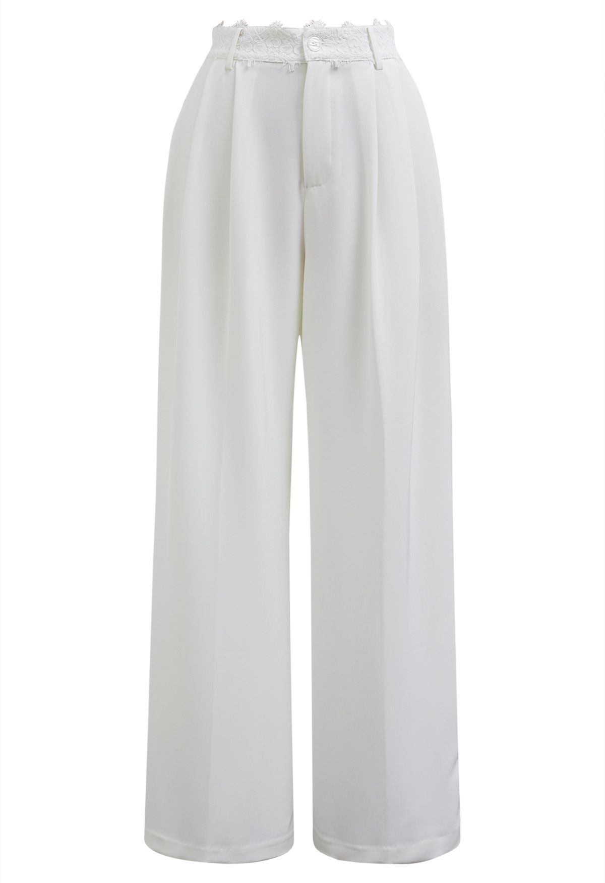 Lacy Waist Pleated Straight-Leg Pants in White