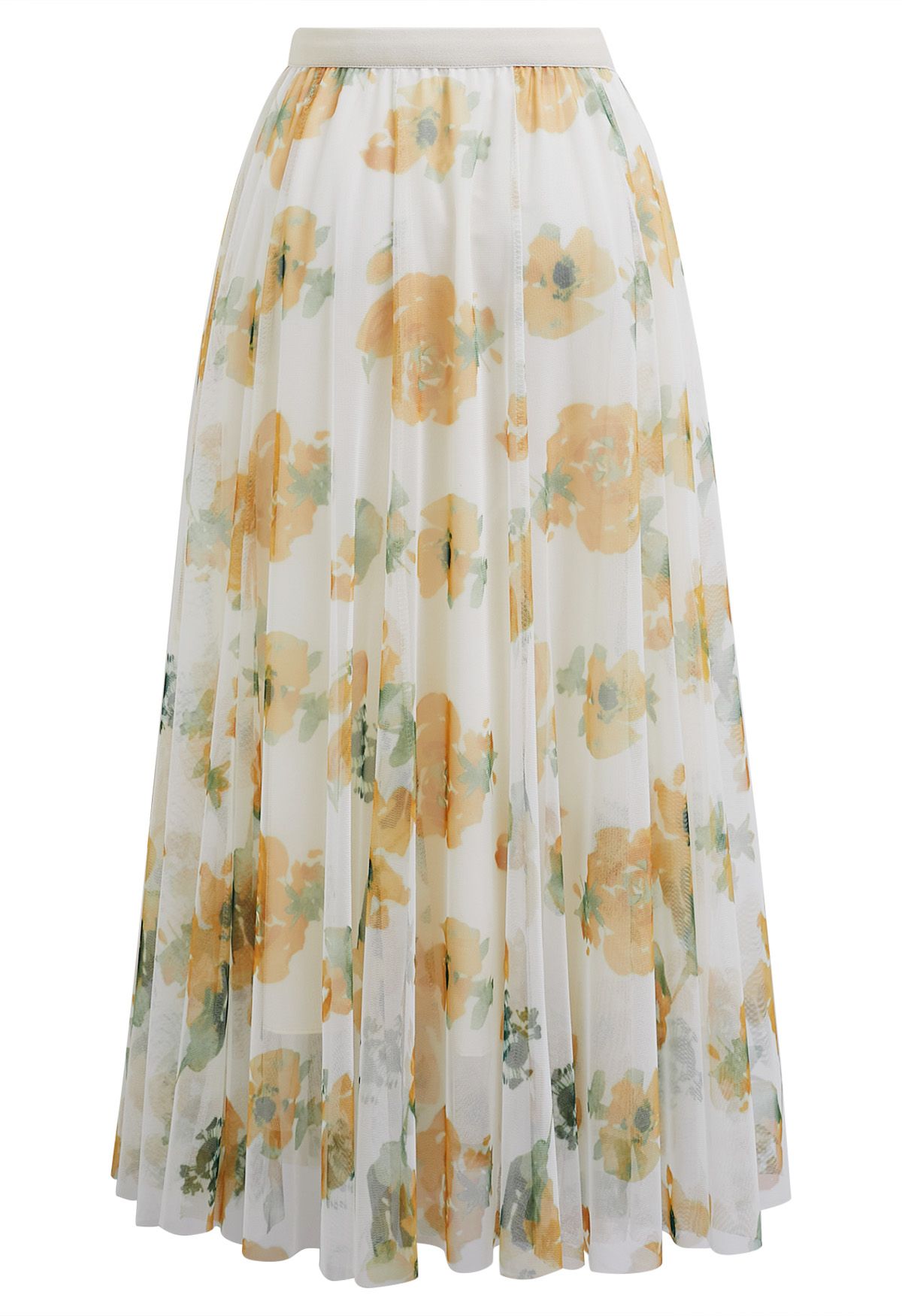 Watercolor Floral Mesh Tulle Midi Skirt in Light Yellow