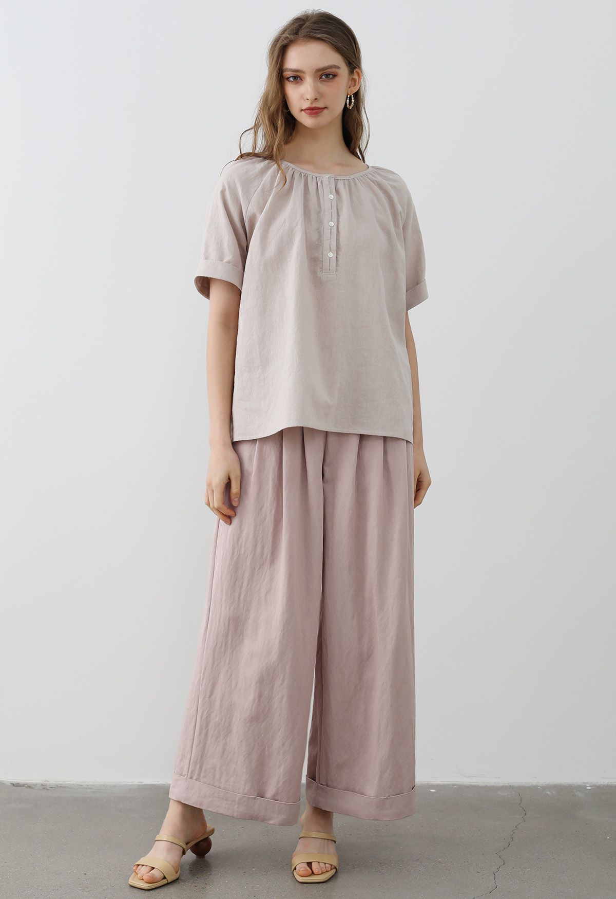 Buttoned Front Roll-Cuff Dolly Top in Dusty Pink