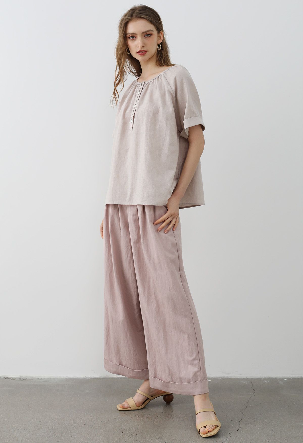 Wide Leg Roll-Hem Pleated Pants in Dusty Pink