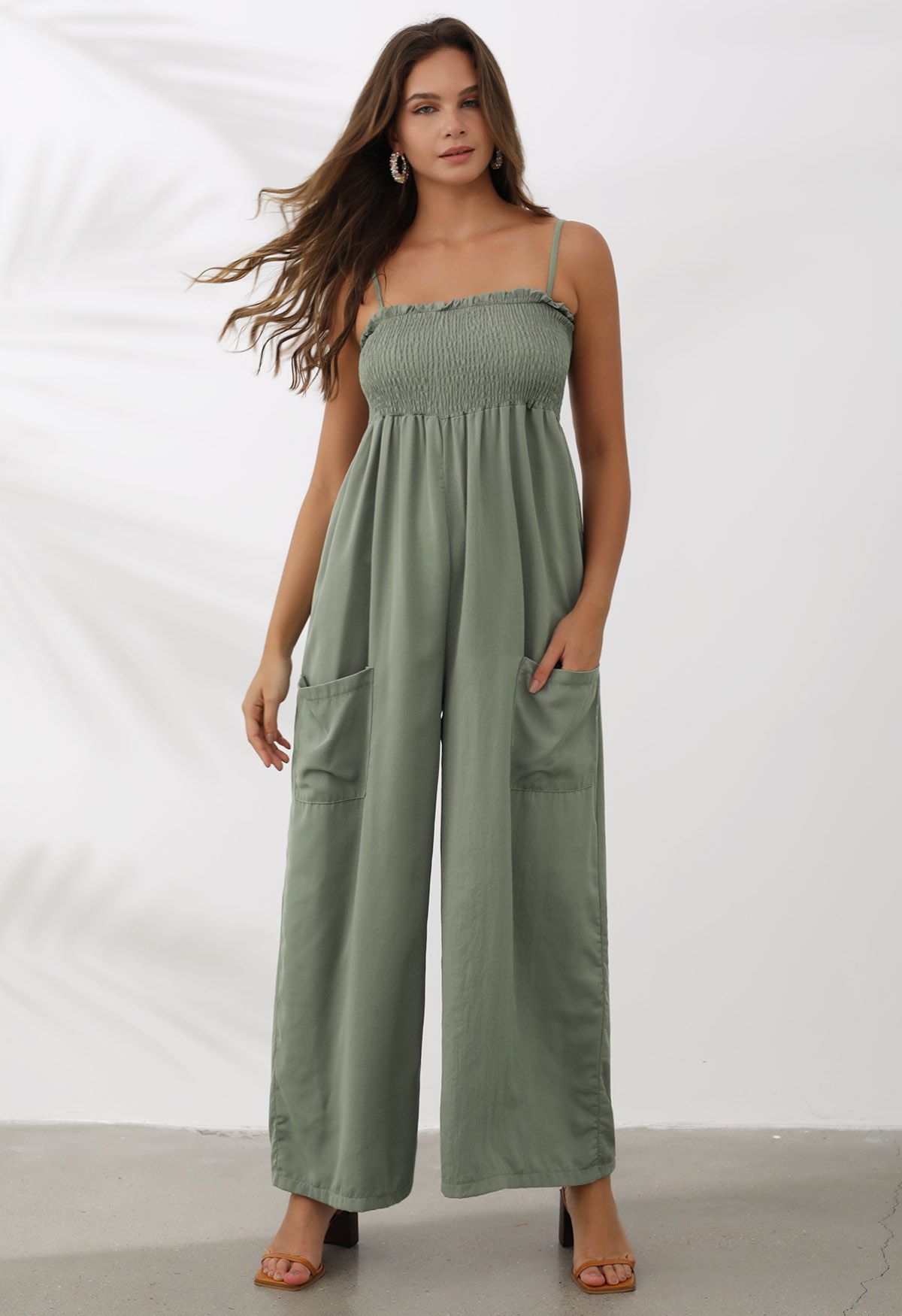 Snazzy Patch Pocket Wide-Leg Cami Jumpsuit in Pea Green