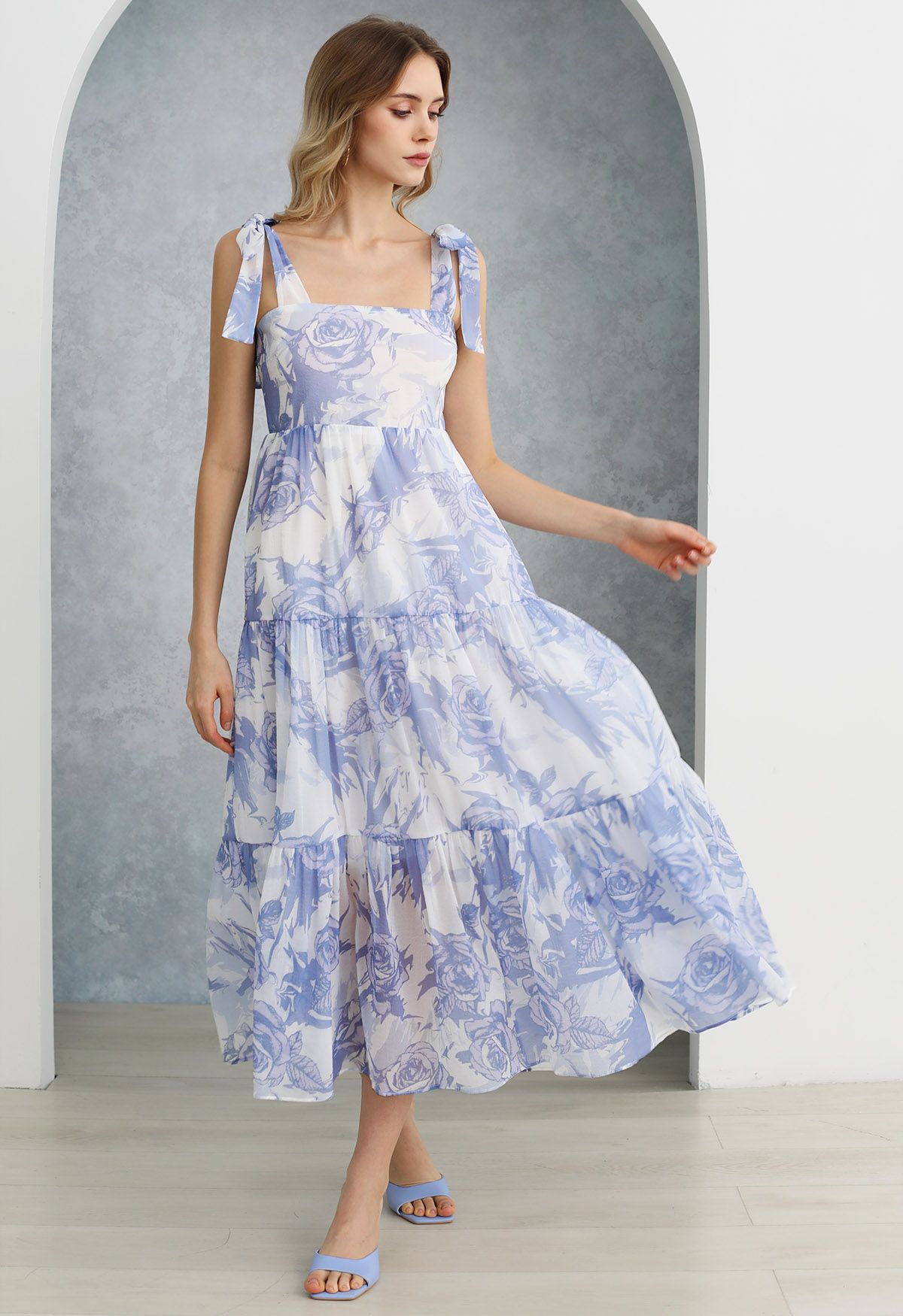 Tranquil Blue Rose Tie-Strap Maxi Dress