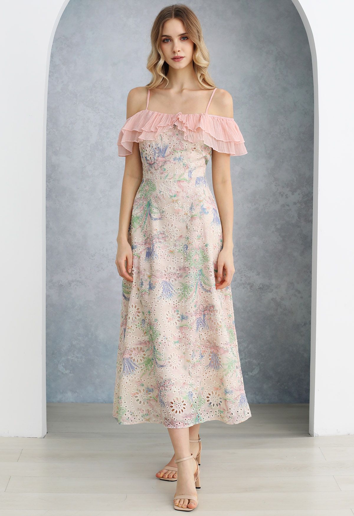 Floral Printed Eyelet Embroidered Flounced Cold-Shoulder Dress