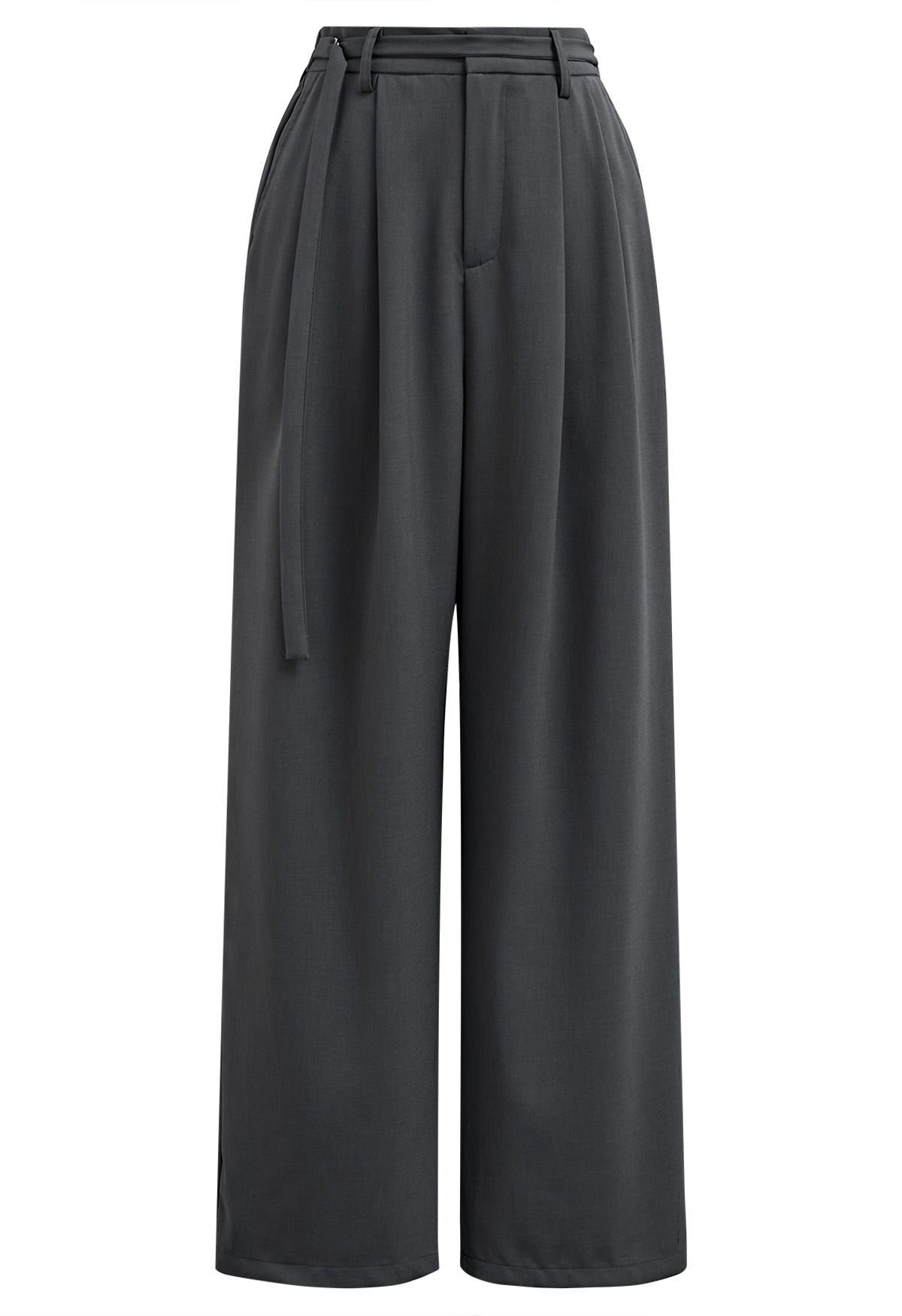 Belted Waist Pleated Palazzo Pants in Smoke