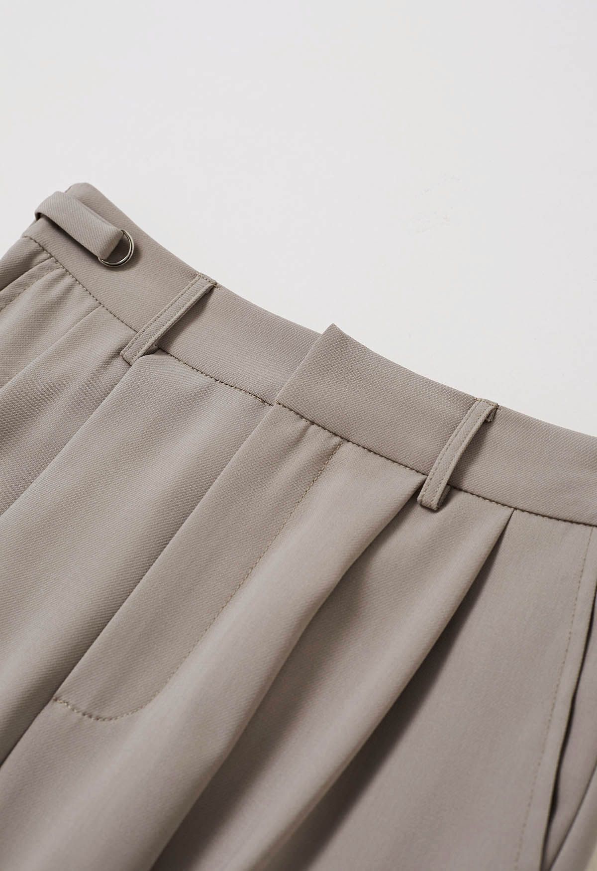 Belted Waist Pleated Palazzo Pants in Khaki